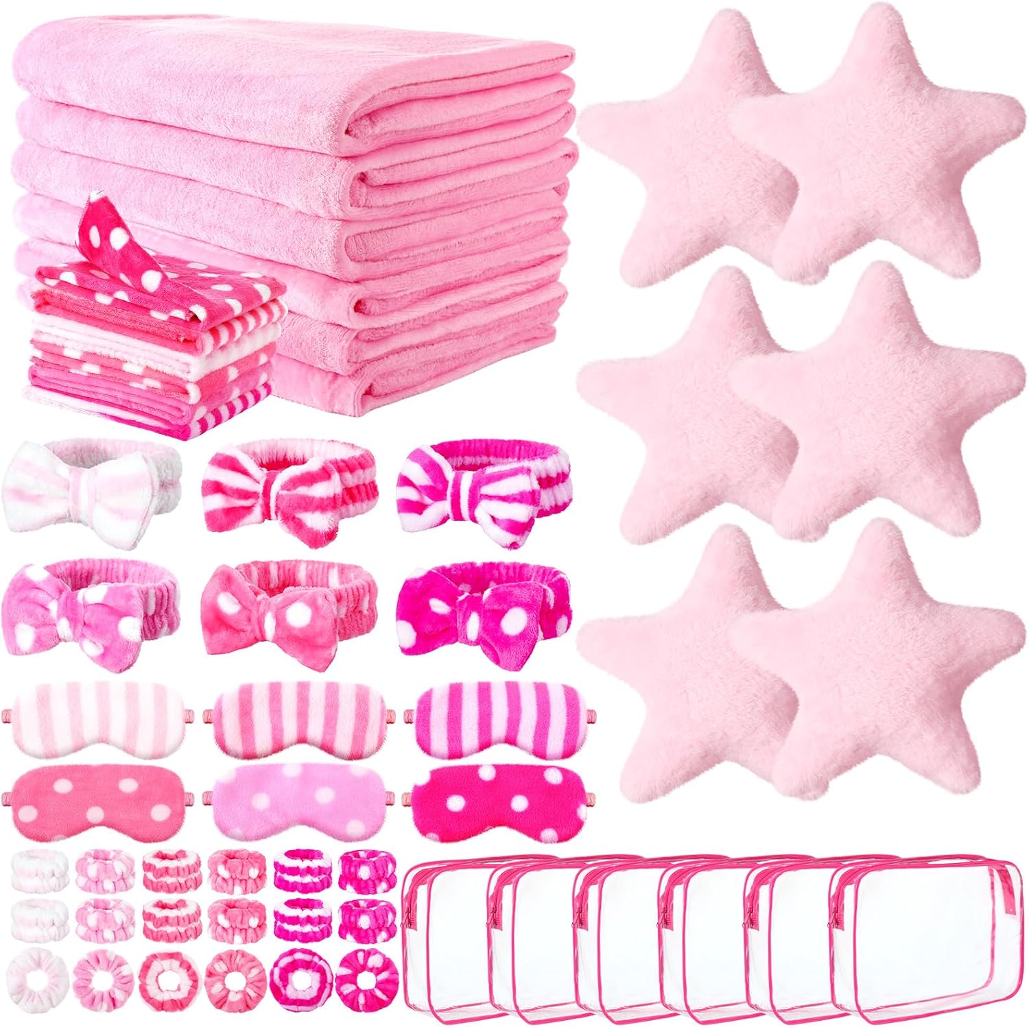 48 Pieces Sleepover Party Supplies for Girls 6 Pink Spa Headband 6 Eye Mask 6 Towels 6 Throw Pillows 6 Wrist Bands 6 Blankets 6 Hair Scrunchies 6 Toiletry Bags for Spa Sleepover Slumber Party