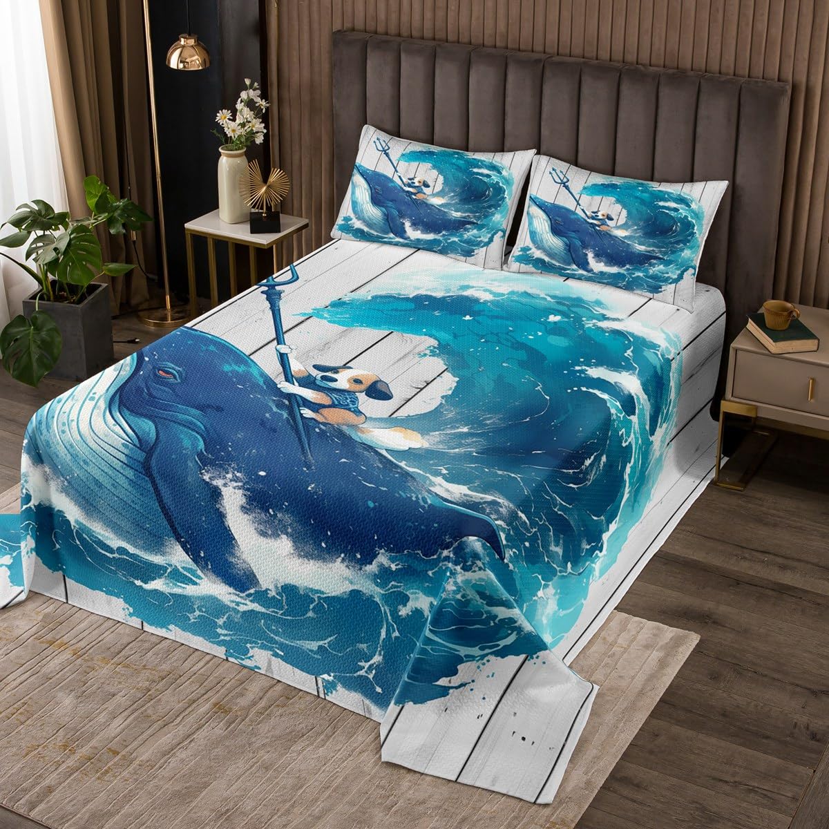 Homewish Funny Dog Bedspread Twin Size,Sea Whale Bedding Sets 2Pcs for Kids Girls Boys Teens Room Decor,Ocean Animals Comforter Set Blue White Rustic Farmhouse Wooden Quilt Coverlet,1 Pillowcase