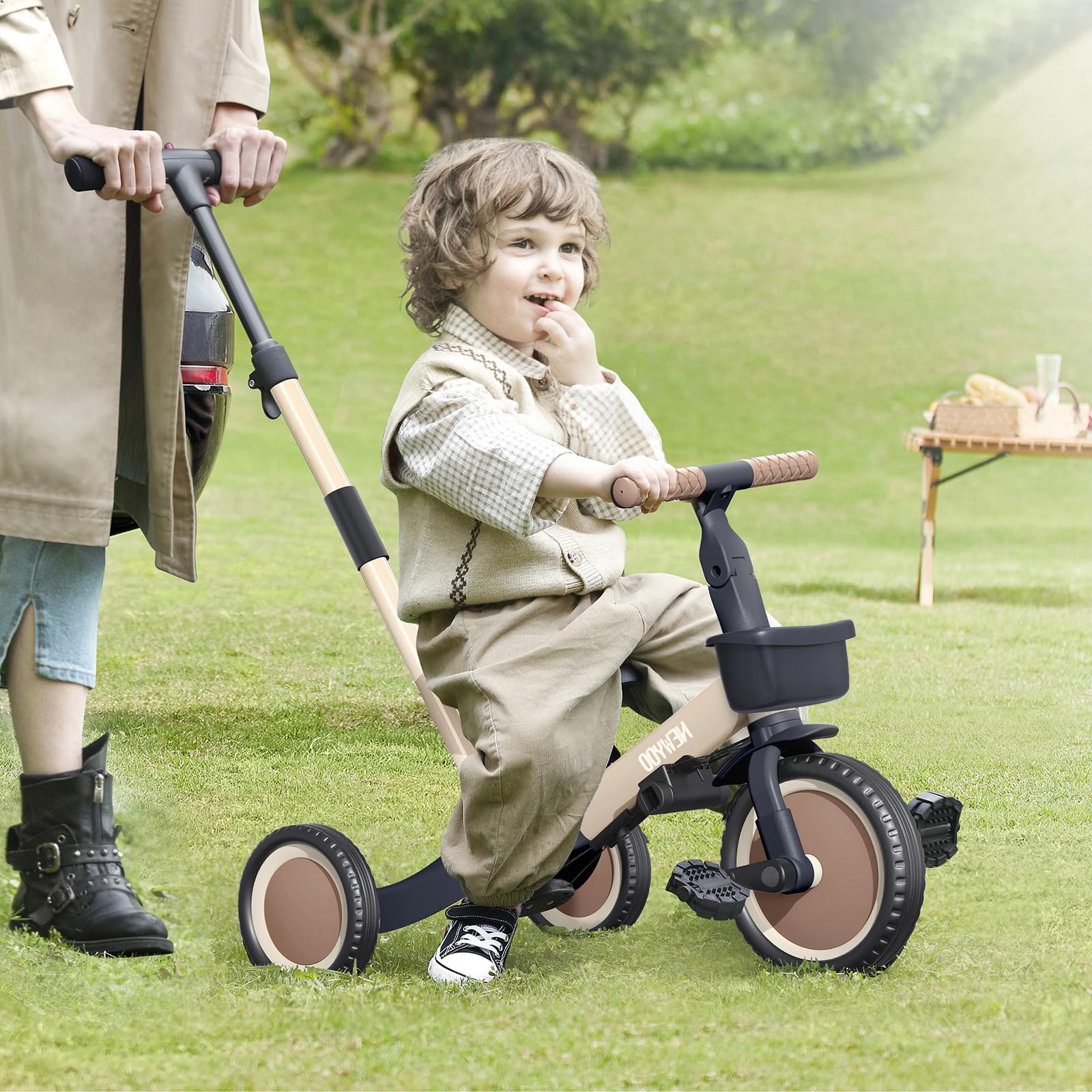 newyoo Tricycle draisienne 5 en 1, Tricycle de 1 à 3 Ans, Tricycle pour Enfants avec Barre de poussée, vélo pour Enfants, draisiennes, Guidon, Barres de sécurité, TR007, Kaki