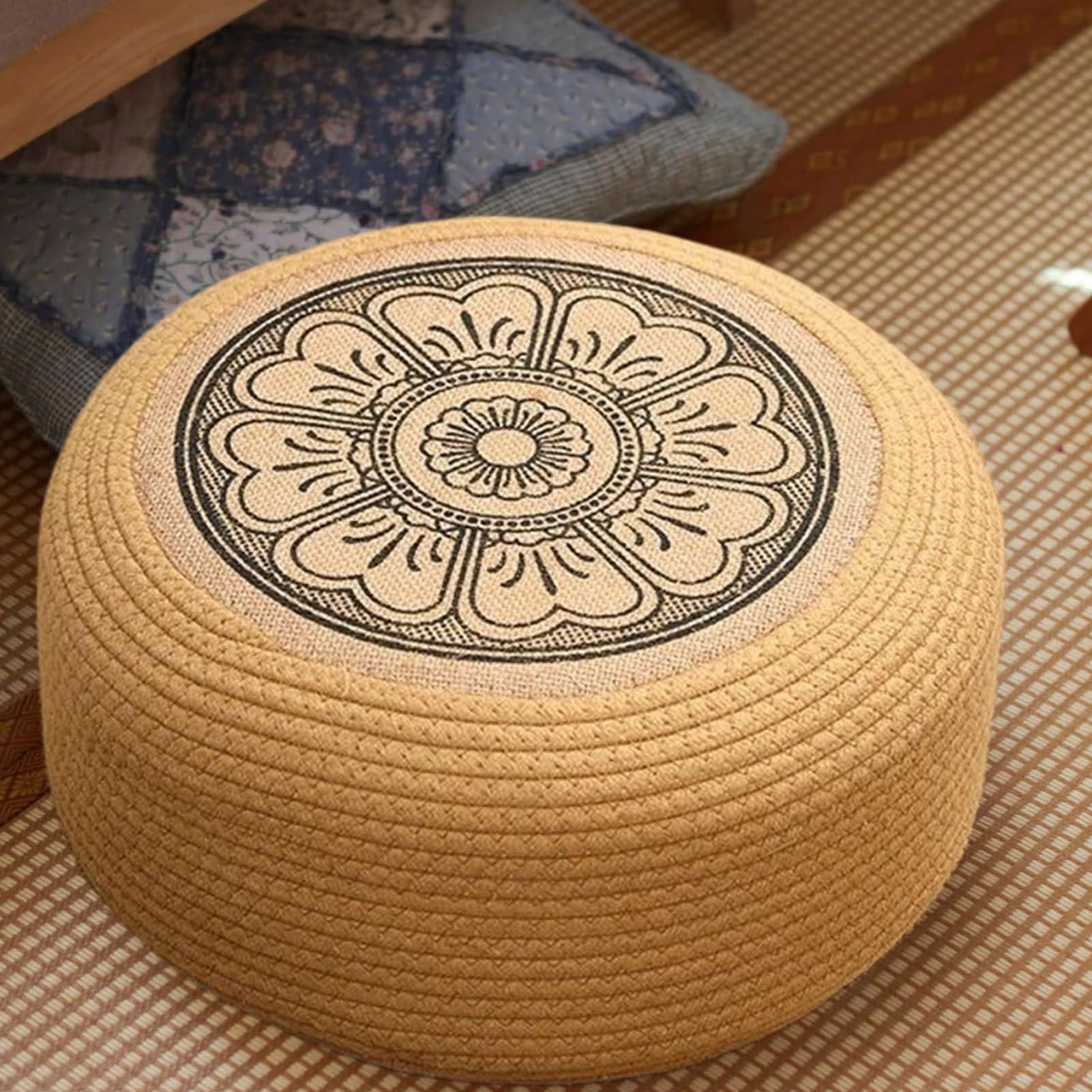 Ottomana in rattan - Pouf da esterno rotondi intrecciati a mano, cuscini da pavimento versatili, per sedersi, elegante accento sul portico a bordo piscina | Mobili esterni durevoli per il balcone del
