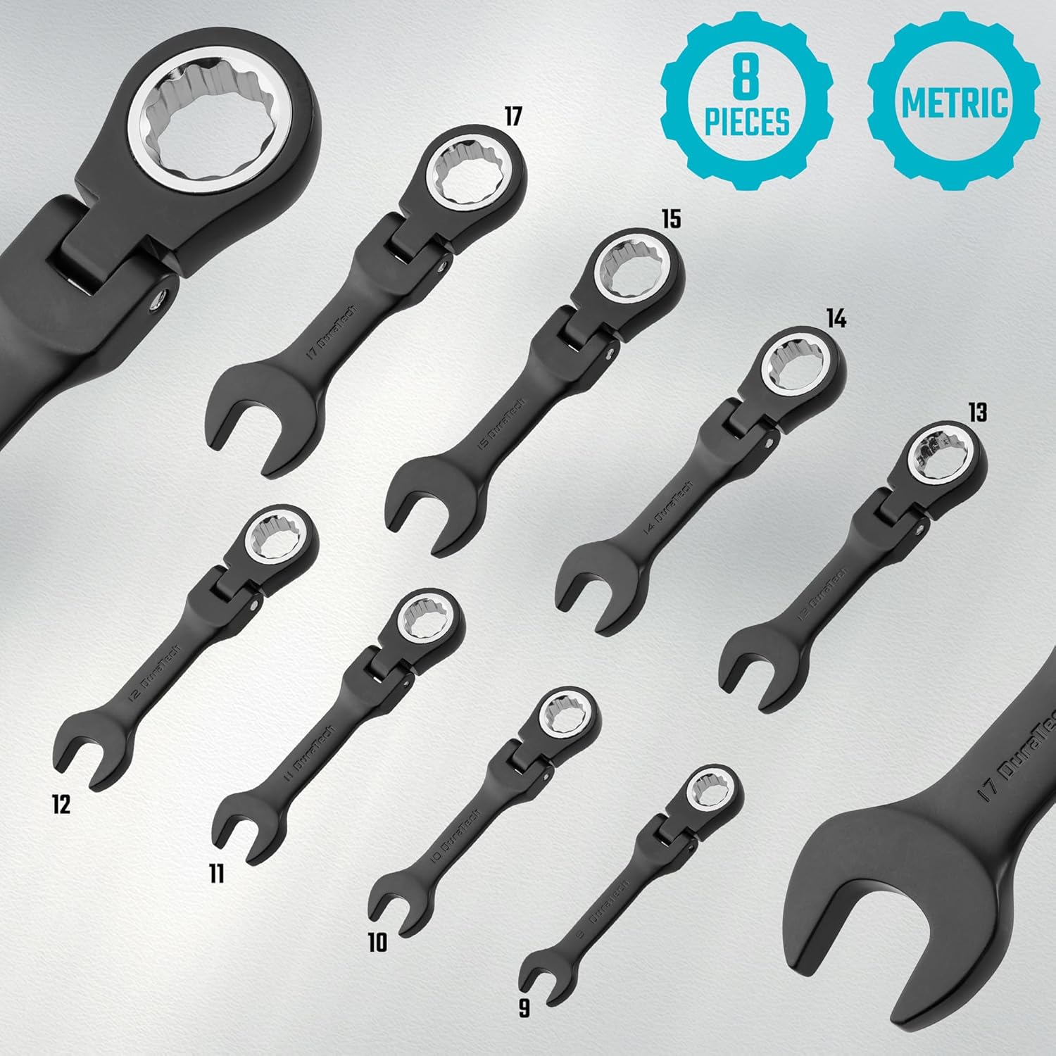 DURATECH Stubby Flex-head Ratcheting Combination Wrench Set, 8-piece, Metric, 9 to 17mm, CR-V Steel, Black Electrophoretic Coating, with Rolling Pouch