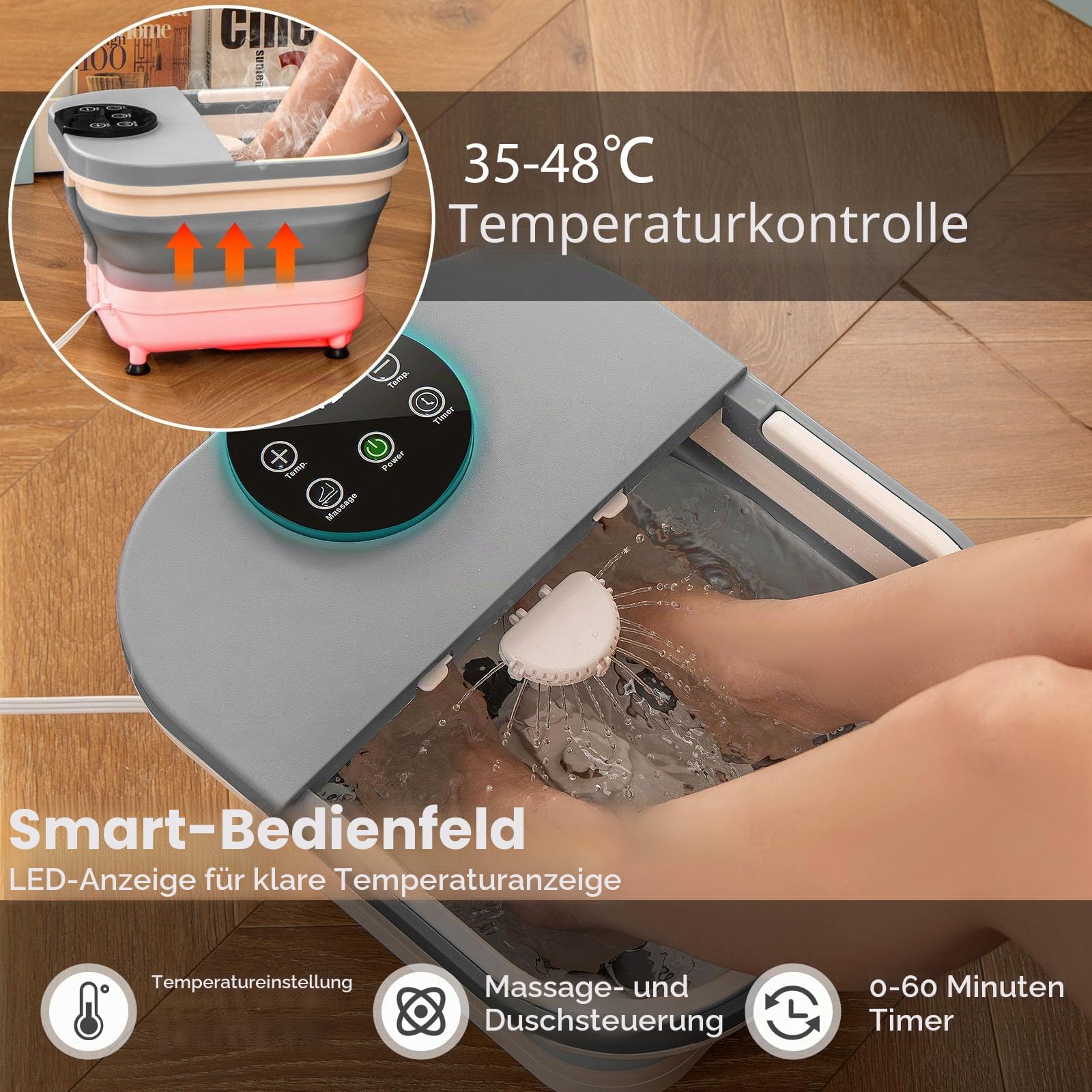 HOMASIS Fußbad faltbar, elektrisches Fußmassagegerät mit Temperaturregelung 35-48 °C, Fußbadewanne mit Timer 0-60 min, Fußsprudelbad mit abnehmbaren 30 Massage-Bälle & Brause, Grau