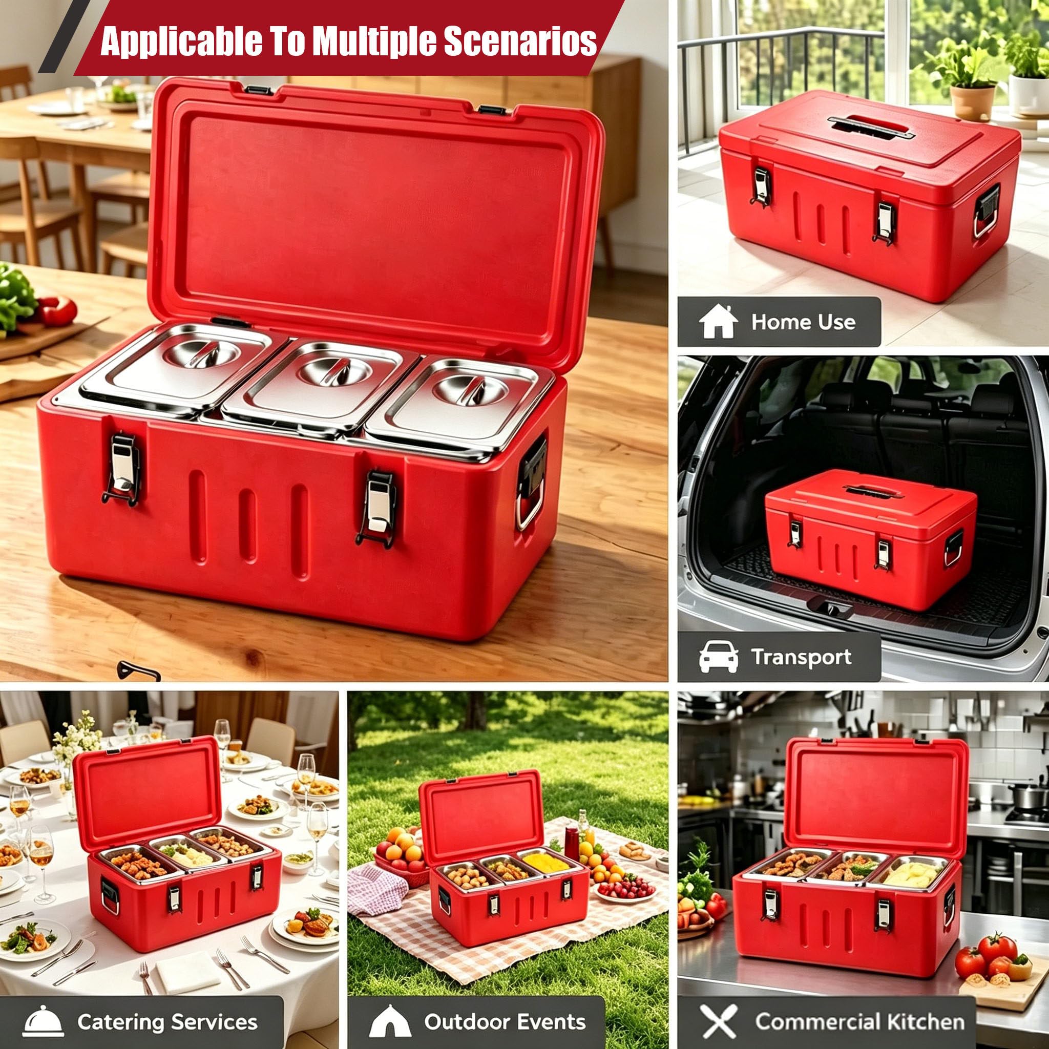 Transportador de Alimentos Isotérmico de 27 Cuartos, Caja Térmica Comercial con 2 Bandejas de Acero Inoxidable de 10 litros, Ideal para Catering, Restaurantes y Uso al Aire Libre 3Gird