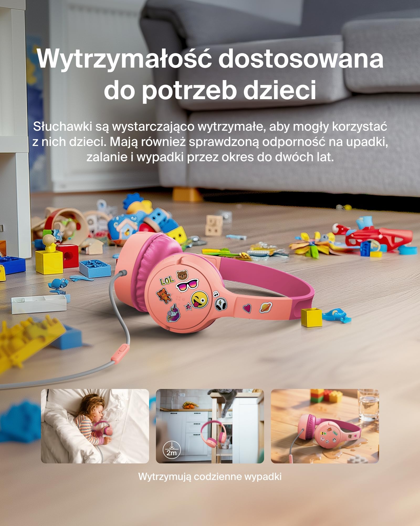 Belkin SoundForm Mini Słuchawki Dzieci Przewodowe, przejściówka USB-C do 3,5 mm, mikrofon, naklejki, maks. głośność 85 dB – nauka online i podróże, do urządzeń iPhone, iPad, Galaxy – Różowe