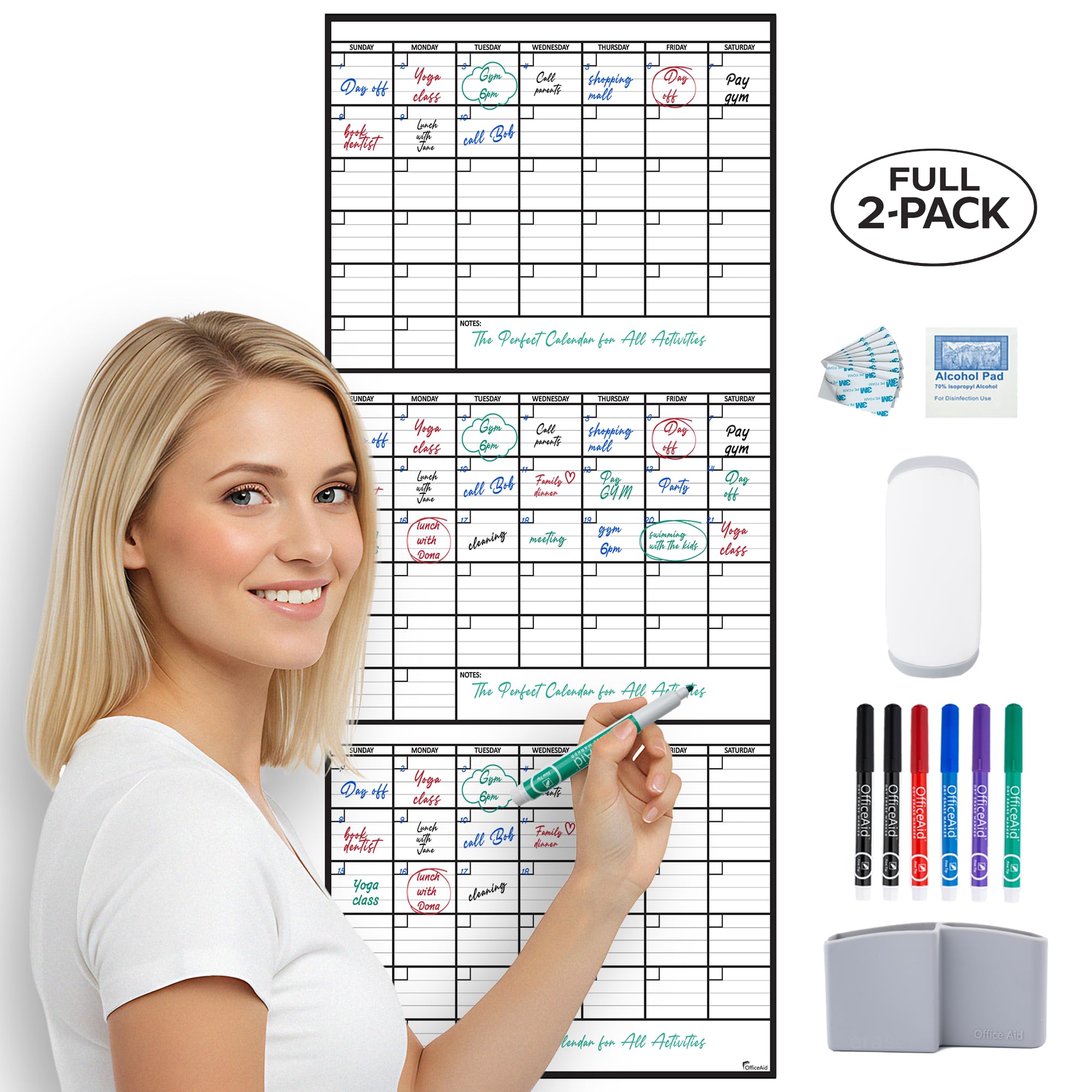 (2 PK) 3 Month Dry Erase Calendar for Wall, 40x17, 3 Month Wall Calendar Dry Erase, Big White Board for Office, Home & School, Erasable Whiteboard,
