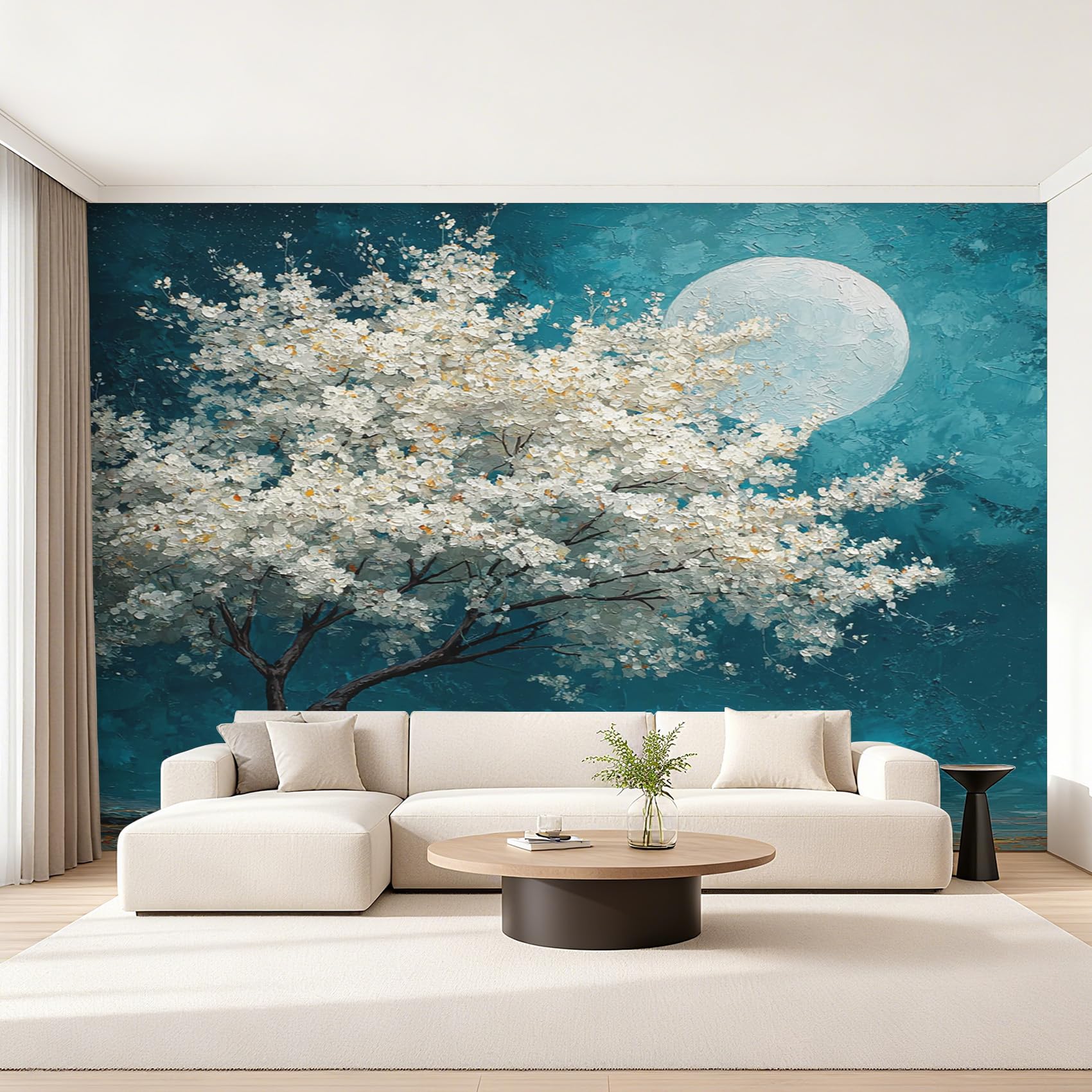 Generisch Vlies Fototapete Magnolien Baum 400x280 cm, Tapete Türkis Weiß Tapeten Vliestapete Wohnzimmer Ölgemälde Pflanzen Schlafzimmer Wandtapete Ornamente Mustertapete W&66