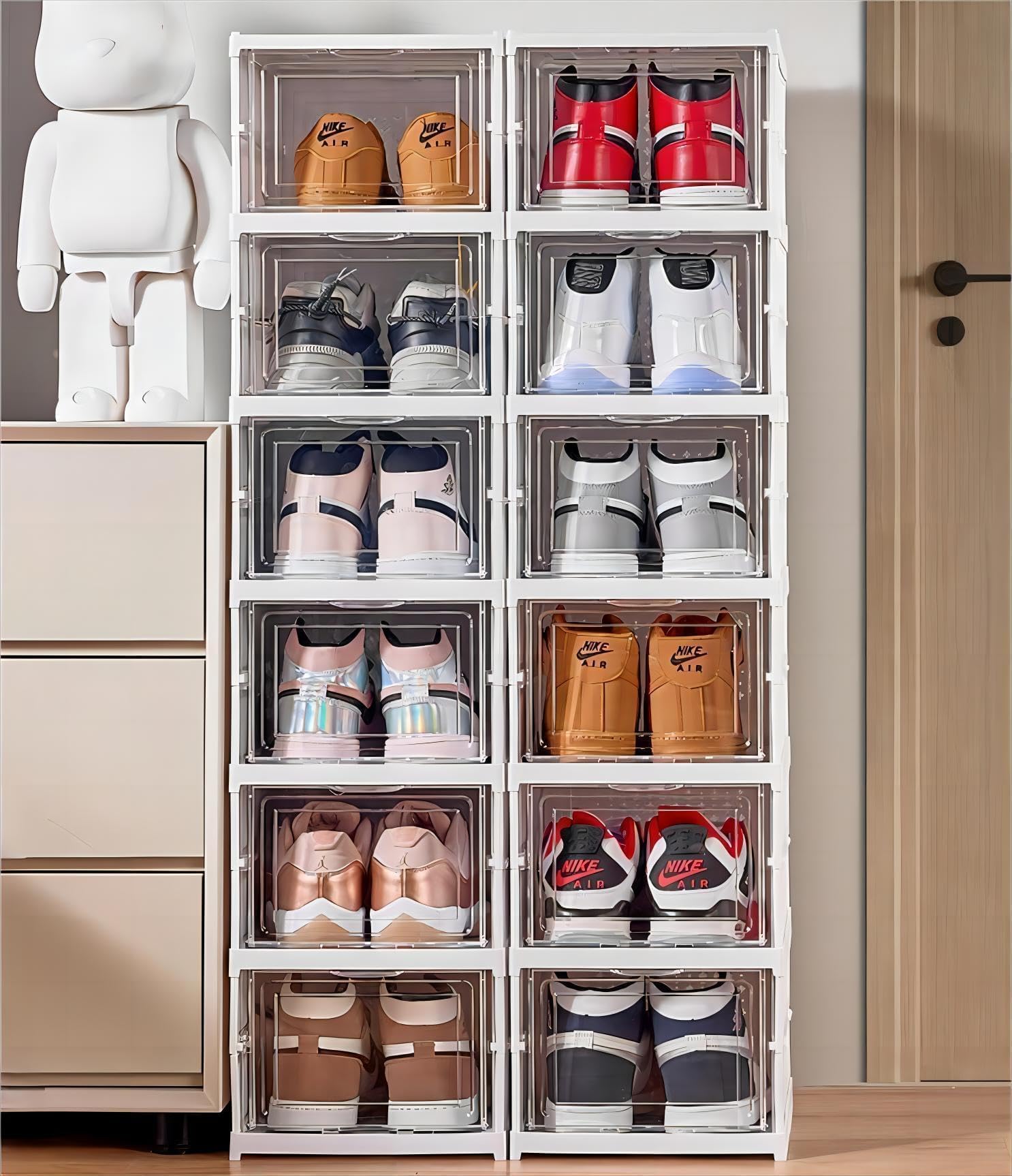 GUDEMAY Boîte à Chaussures Transparente avec Couvercle | Lot de 6 | Boîtes de Rangement pour Chaussures Empilable | Étagère à Chaussures Pliable | Ranger et Protéger Vos Chaussures | Blanc