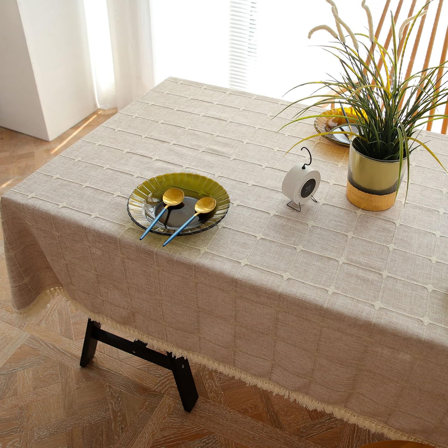 Embroidered Tassel Tablecloth Dust Cover Coffee Table Cover Towel Home Tablecloth Picnic Mat,Beige,140 * 260cm