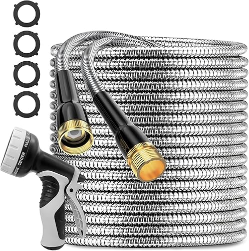 Miniatura 1 de Manguera de jardín de metal de 50 pies, manguera de metal versión 2024 con diseño mejorado, boquilla de 10 funciones, accesorios universales de 34