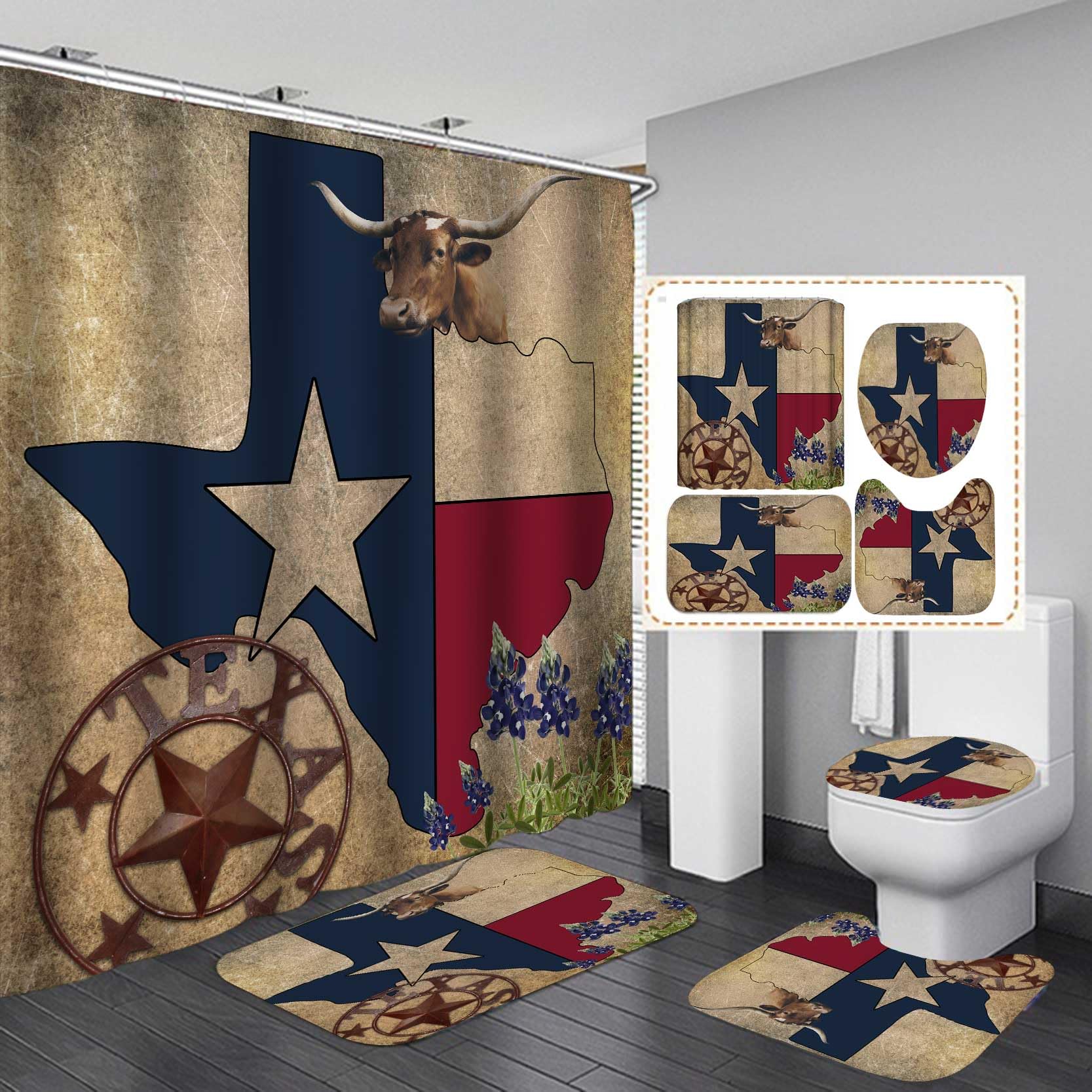 Jayden&Madge 4PCS/Set Western Shower Curtain, Vintage Brown Barn Texas Star Map and Flag, Lone Star Farm Animal Rustic Country Farmhouse Bathroom