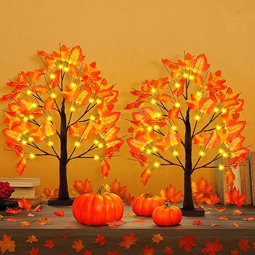 KatchOn, Árboles de arce artificiales con luces, 24 pulgadas, paquete de 2, árboles de arce iluminados de otoño, 48 LED, árboles iluminados de