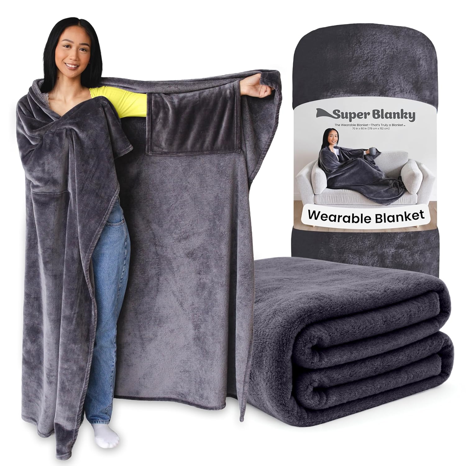 The Wearable Throw Blanket and Cape in One, Soft Cozy Fleece Blanket with Sleeves, Christmas Gifts for Women, Teen Girl Gifts, Birthday Gifts for Women Who Have Everything, Gifts for Her – Onyx Gray