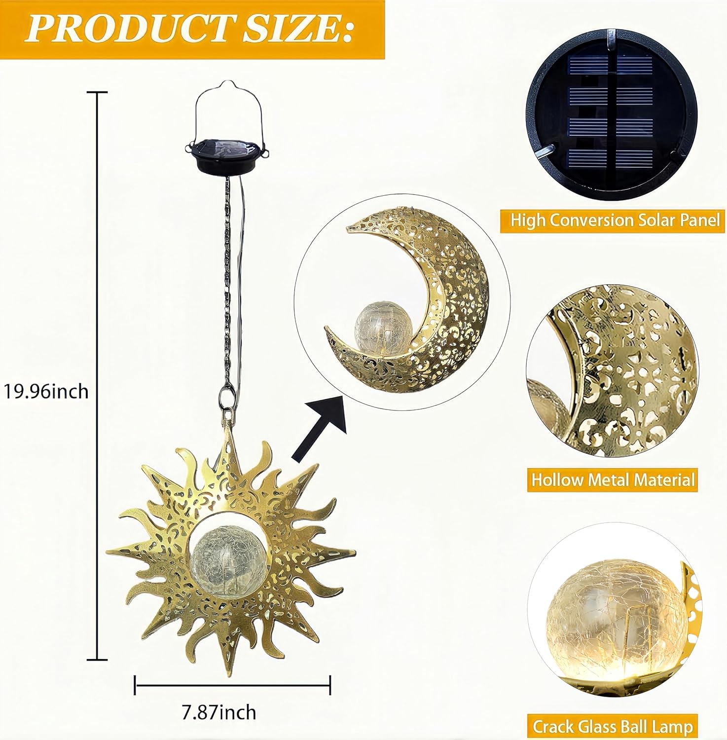 Solar Hanging Lights for Outside Garden,Outdoor Metal Lanterns Sun Moon Lamp, Large Decorations for Yard Garden Patio Proch Tree Wall, Christmas Gifts for Women Mom