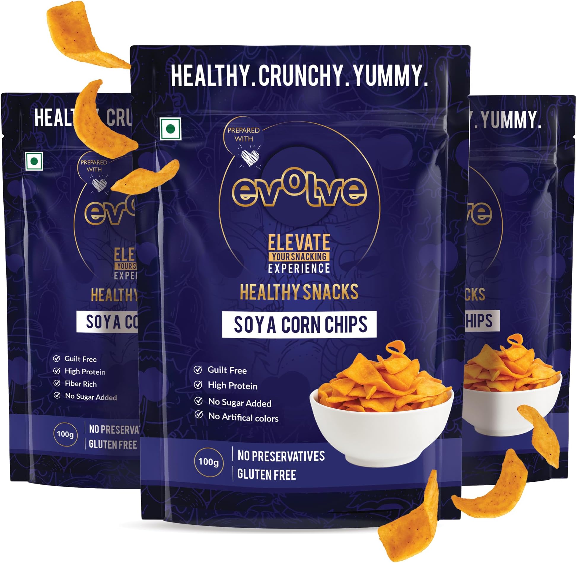 Evolve Soya Corn Chips Healthy Snacks for Kids, Adults | Gluten Free, High Protein, Vacuum Cooked, No Preservatives, Delicious Crunchy Snack - 100g Pack of 3