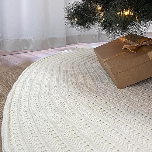 Miniatura 5 de Falda de árbol de Navidad de punto acanalado de 36 pulgadas con botones de roble, color blanco crema