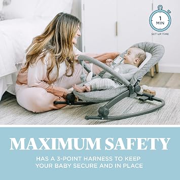 Baby Delight Aura Deluxe Portable Rocker & Seat, Quilted Charcoal Tweed | For Infants, 100% GOTS Certified Organic Cotton, 2 Position Recline, Soothing Vibration & Sounds, Removable Toy Bar