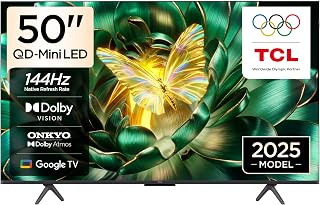 TCL 50C6K Television 50 Inch Smart TV 4K QD-Mini LED Colorful Quantum Crystal HDR 10+ Gaming Google TV, 144Hz Native Refresh Rate, ONKYO 2.1 Hi-Fi, Dolby Atmos, AI Mode, Game Master