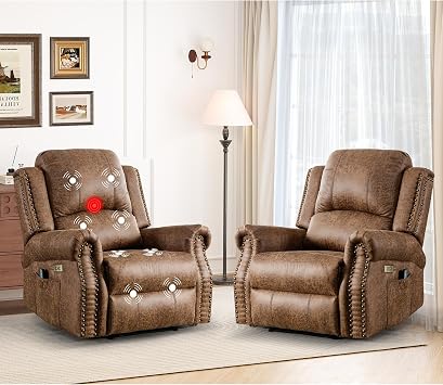 HAOMARKETS Classic 2 Electric Recliners with Massage & Heat for Adluts, Faux Leather Power Recliner Chair with USB Port, Overstuffed Heavy Duty Reclining Sofa with Rivets for Living Room, Brown
