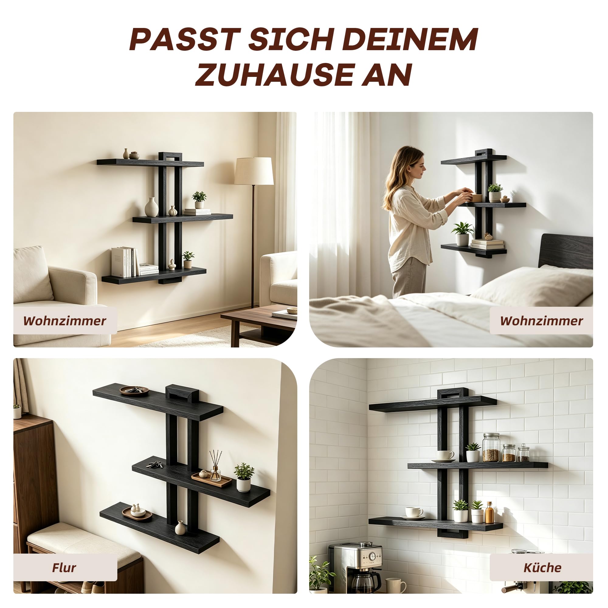 Wandregal Schwarz, großes Hängeregal aus Massivholz mit 3 Ablagen, 50 × 58 cm | Modernes Schweberegal zur Wandmontage für Wohnzimmer, Schlafzimmer, Bücher, Pflanzen und Deko