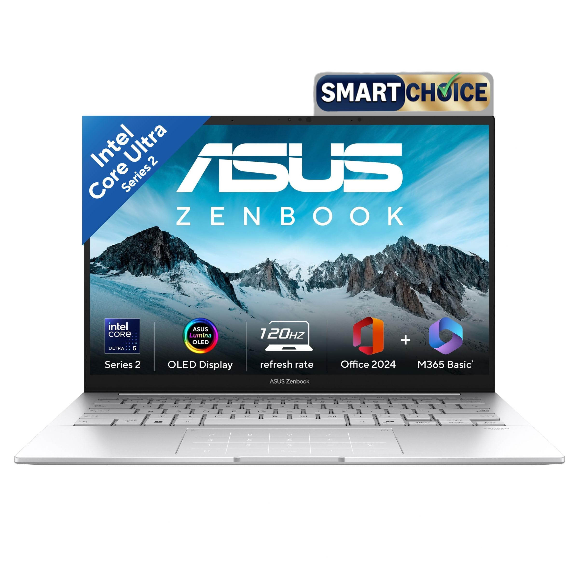 ASUS Zenbook 14,Smartchoice,Intel Core Ultra 5 (Series 2),16GB,1TB,3K OLED Touch Screen,14" (35.5 cm),120Hz,Win 11,M365 Basic (1Y),Office 2024, Silver,1.28 kg,UX3405CA-PZ345WS,Thin & Light Laptop - Image 1