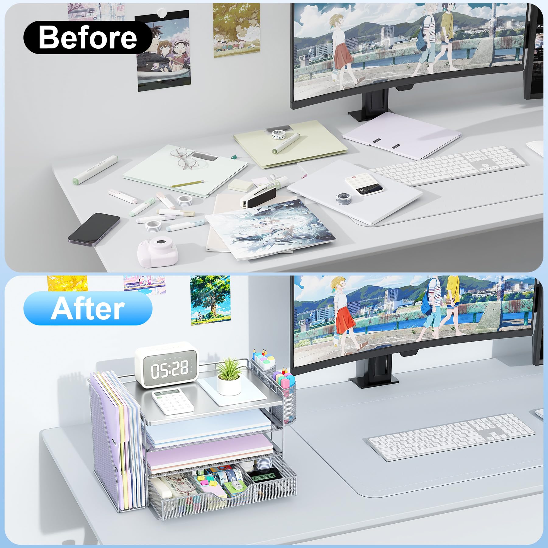gianotter Desk Organizers and Accessories with File Holder, 4-Tier Desk Accessories & Workspace Organizers with Drawer and 2 Pen Holder, Desk Reference Organizer (Grey, 4T with Metal Drawer) view 2