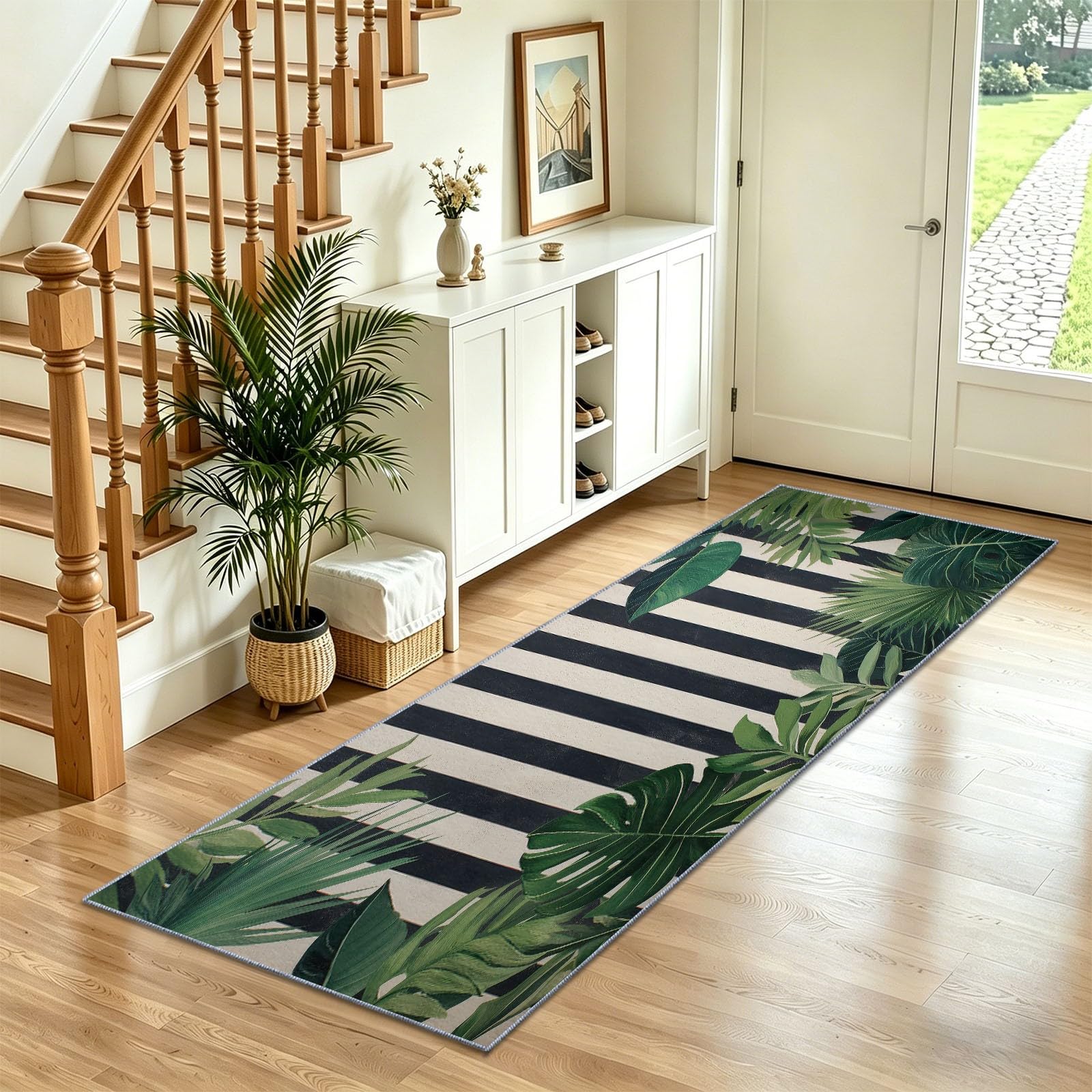 Tapis lavable plante rayure verticale 60x180cm antidérapant vert
