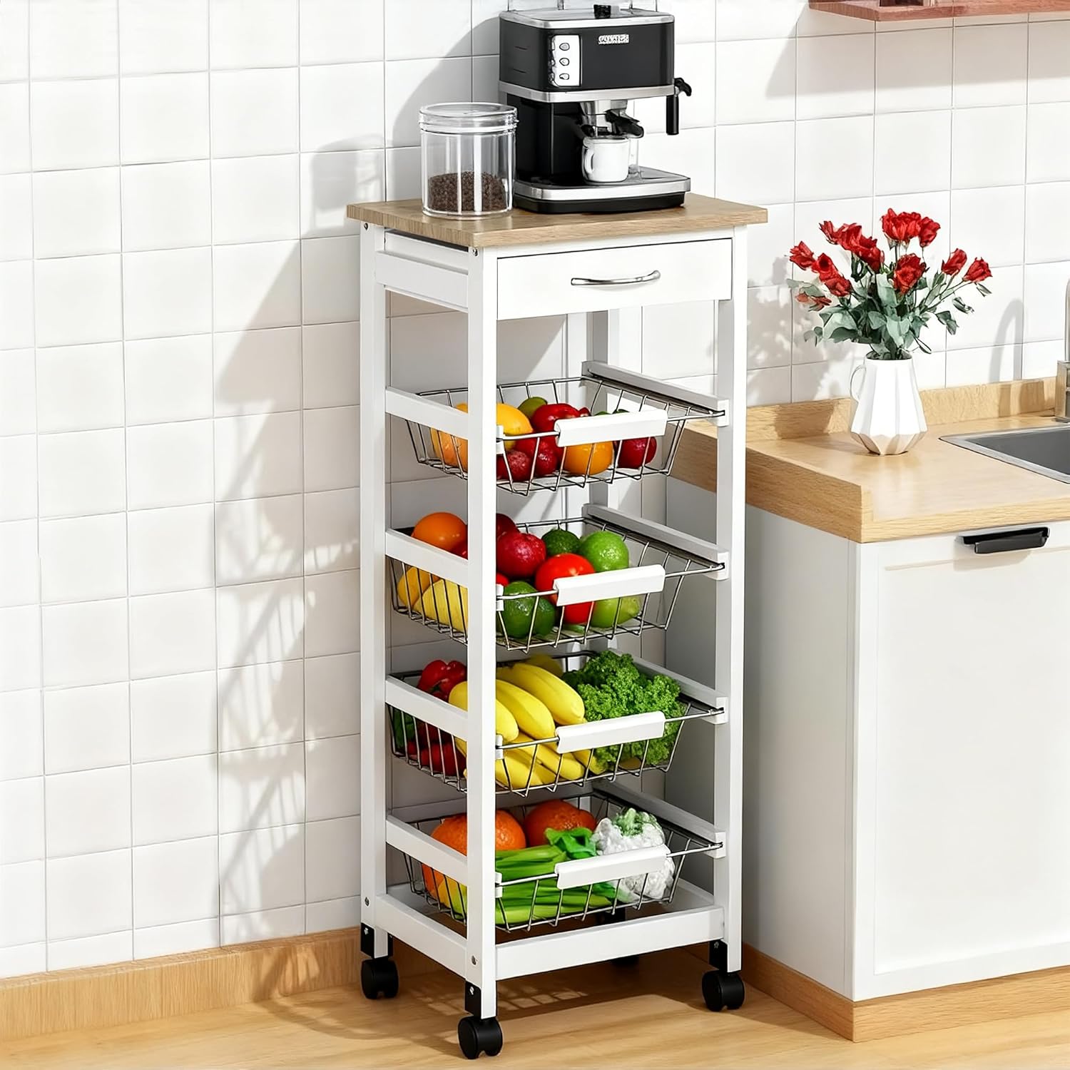 HOMCOM Mobile Kitchen Cart, Rolling Kitchen Island with Storage, Solid Wood Frame Utility Cart with Wire Fruit Baskets and Drawer, White