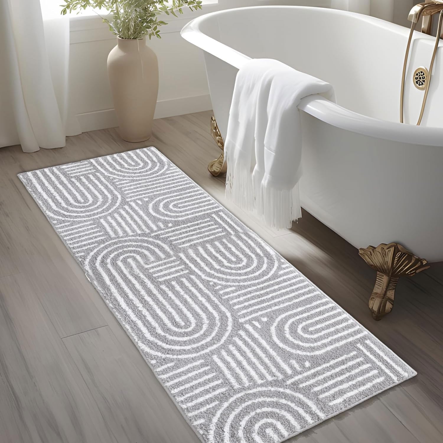 Grey Bathroom Runner Rug 2x5 Long Bath Mat for Bathroom Non Slip Washable Microfiber Absorbent Soft Aesthetic Preppy Cute Bath Runner for Hallway Bedroom Kitchen Tub Sink, 24"x60"