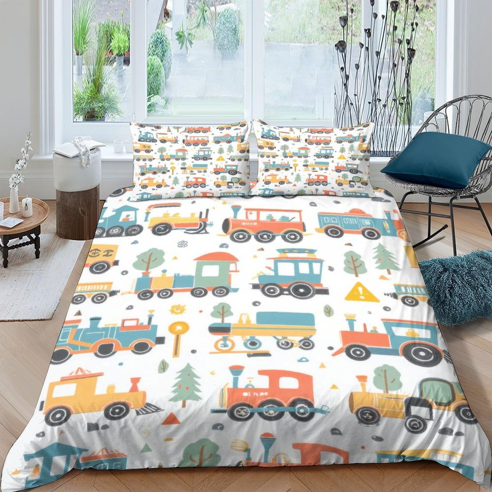 Ctjqhvkz Style-1 3D Printed Cartoon Train Fitted Sheet Microfiber Colorful Locomotive Bed Cover For Bedroom Guest Room Decor Single（135X200cm）