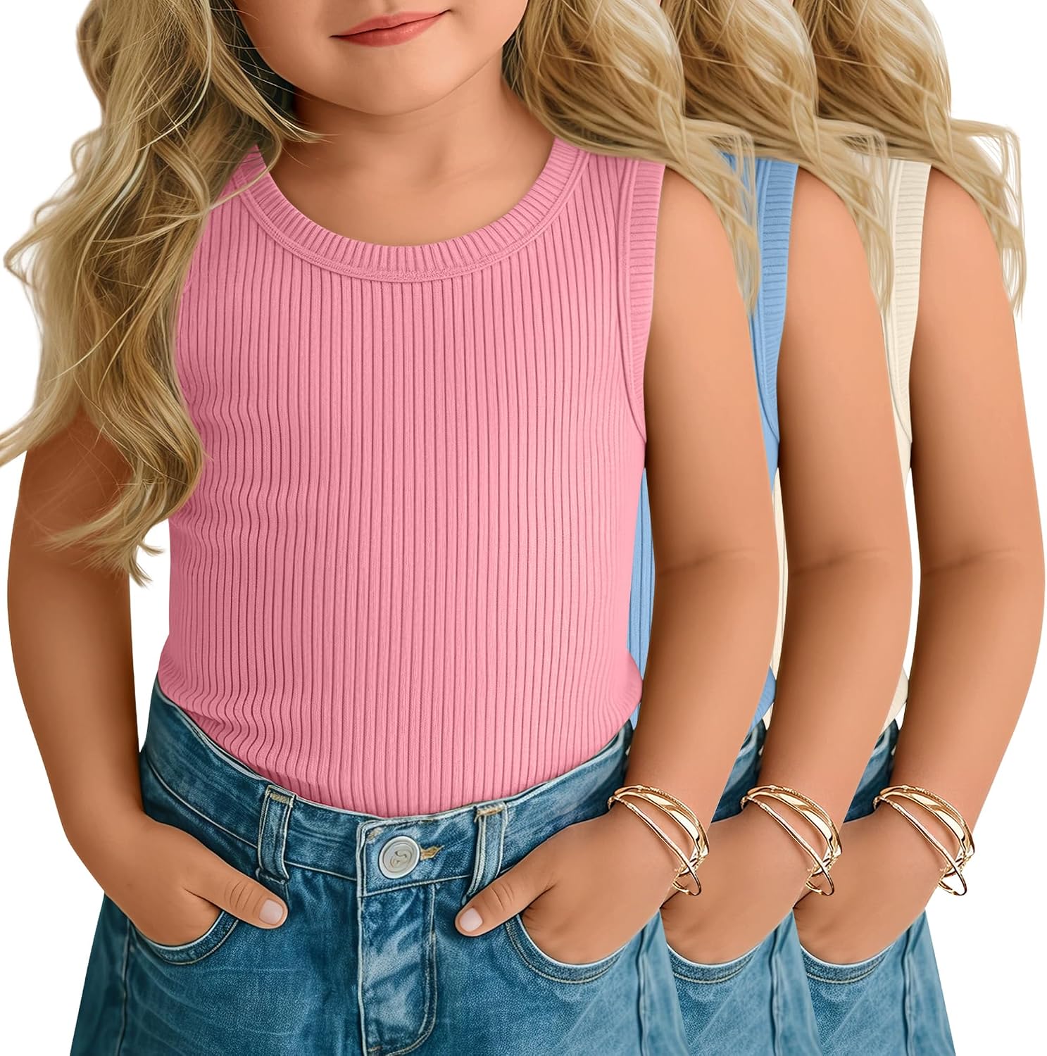 3 Pack Baby Girl's Tank Tops 18M-5T Toddler Ribbed Camisole Sleeveless Crew Neck Shirts Basic Summer Undershirts