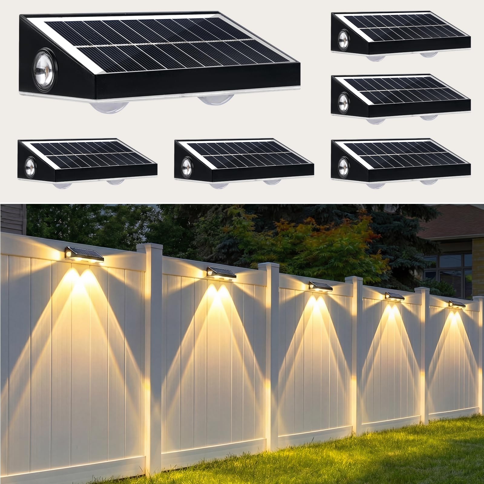 hixyer Solar Wall Lights Outdoor Garden, 3 Sides Fence Light Warm White & RGB Colors Waterproof Solar Lights for Outside, Backyard, Patio, Deck, Stair, Step, Railing (6 Pack)
