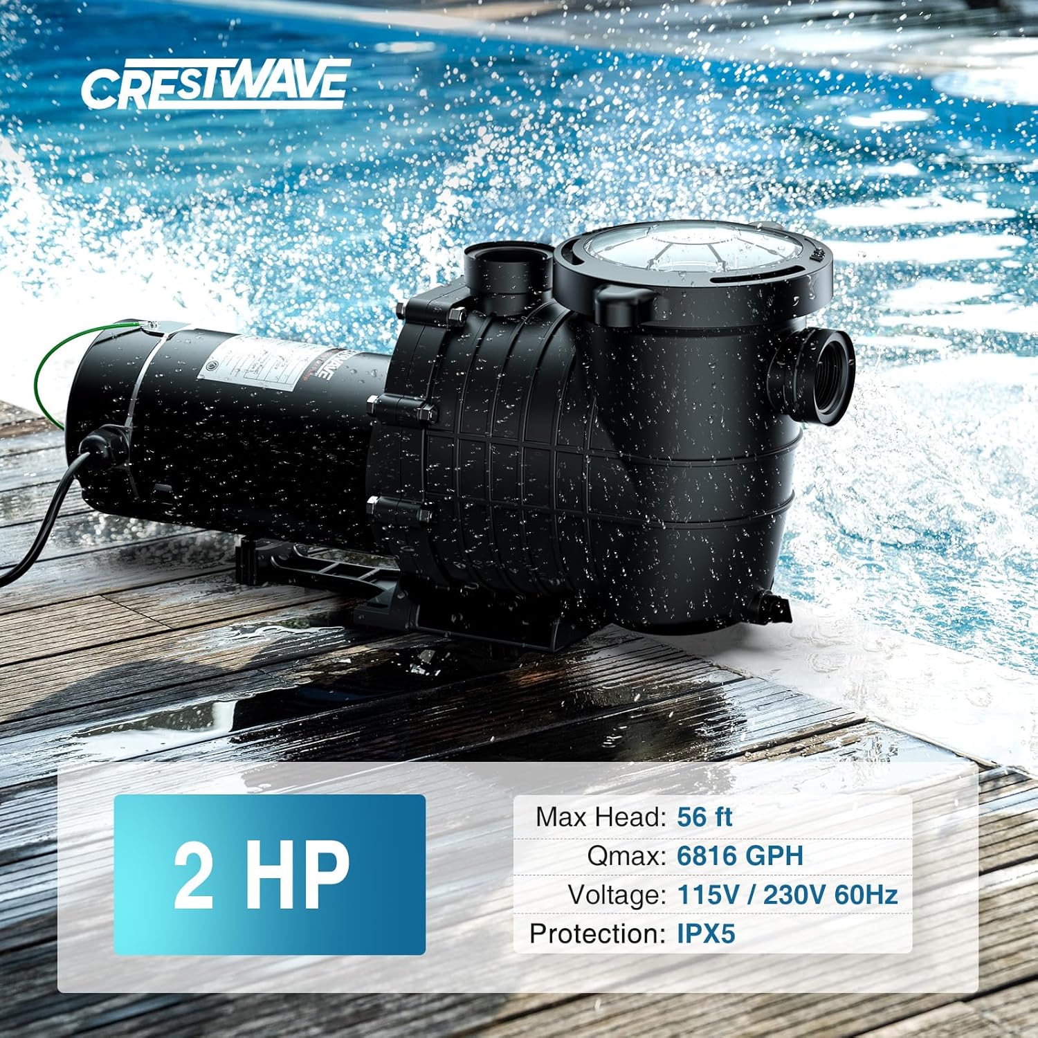 CrestWave 2 HP In/Above Ground Pool Pump, 6816GPH High Flow Self-Priming Pump, Dual Voltage 115V/230V, Low Noise Heavy Duty w/Large Strainer Basket, 3-Size Connectors (1.5", 2", 1.25"-1.5")