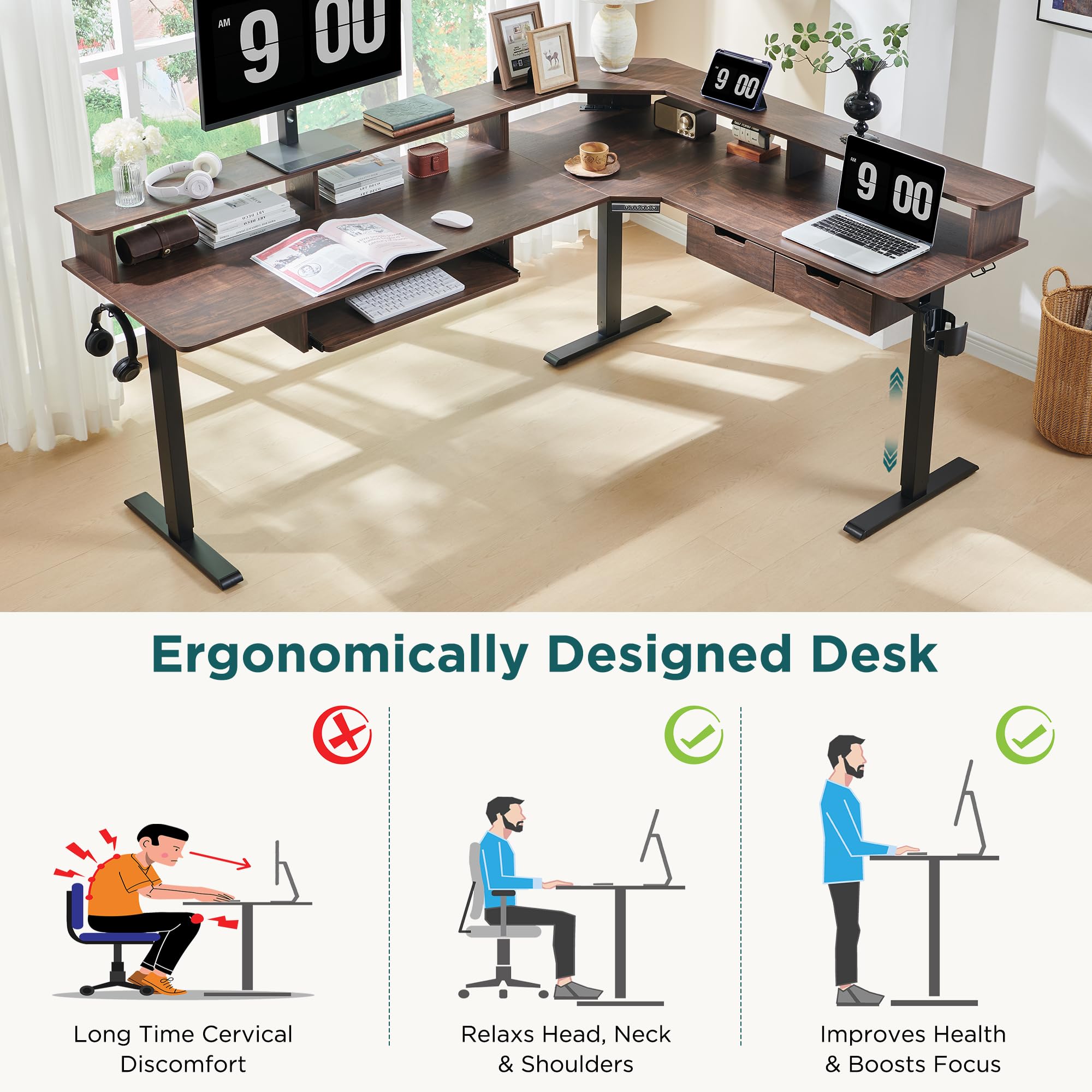 Progressive Desk Escritorio De Pie En Forma De L De 78 X 48 Pulgadas Escritorio Ejecutivo Electrico De Esquina De 3 Etapas De Altura Ajustable Nogal