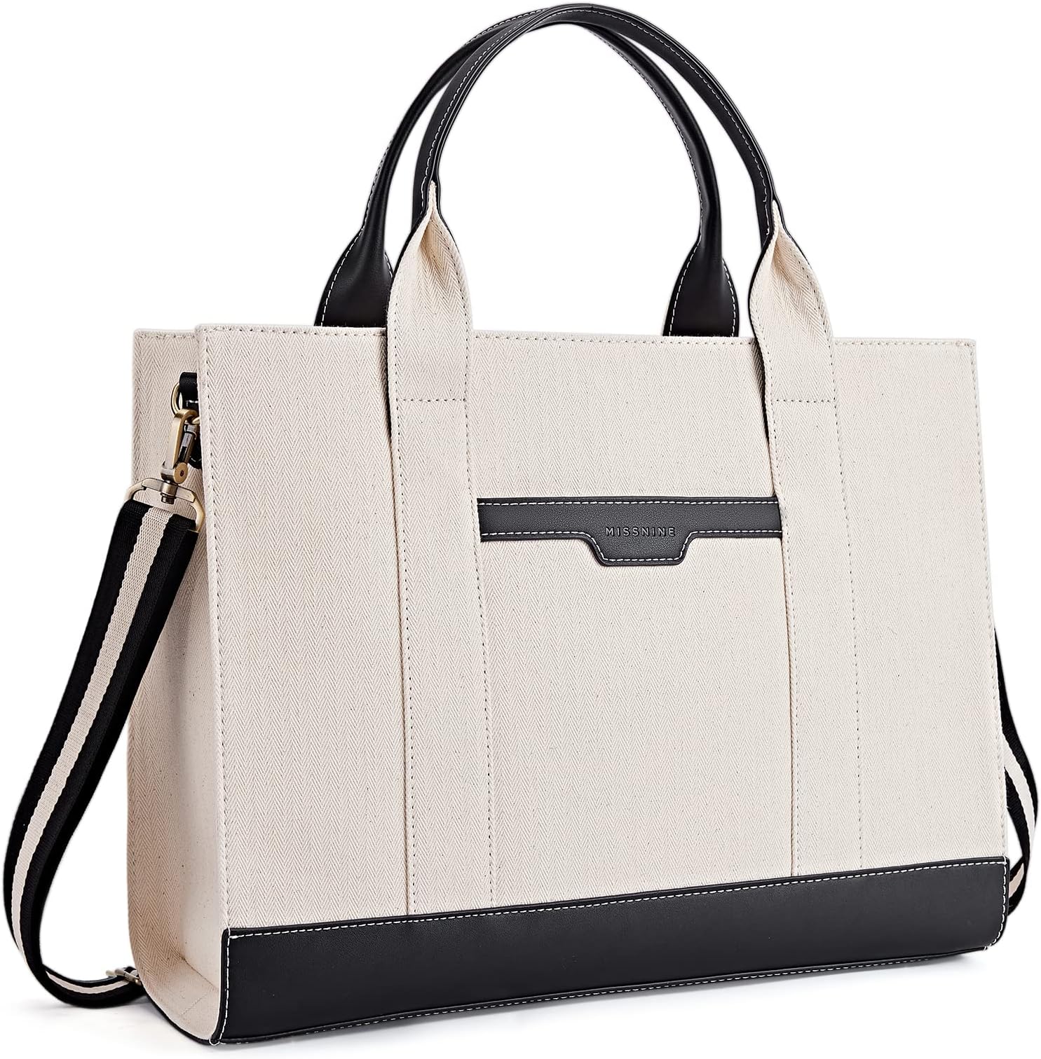 Missnine Tote Bag Canvas Laptop Bag 15.6 inch Briefcase for Women Large Capacity Handbag for Office, School, Travel, Classic Black, 16.1 inches, Contemporary