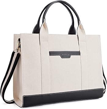 Missnine Tote Bag Canvas Laptop Bag 15.6 inch Briefcase for Women Large Capacity Handbag for Office, College, Travel Black+Beige