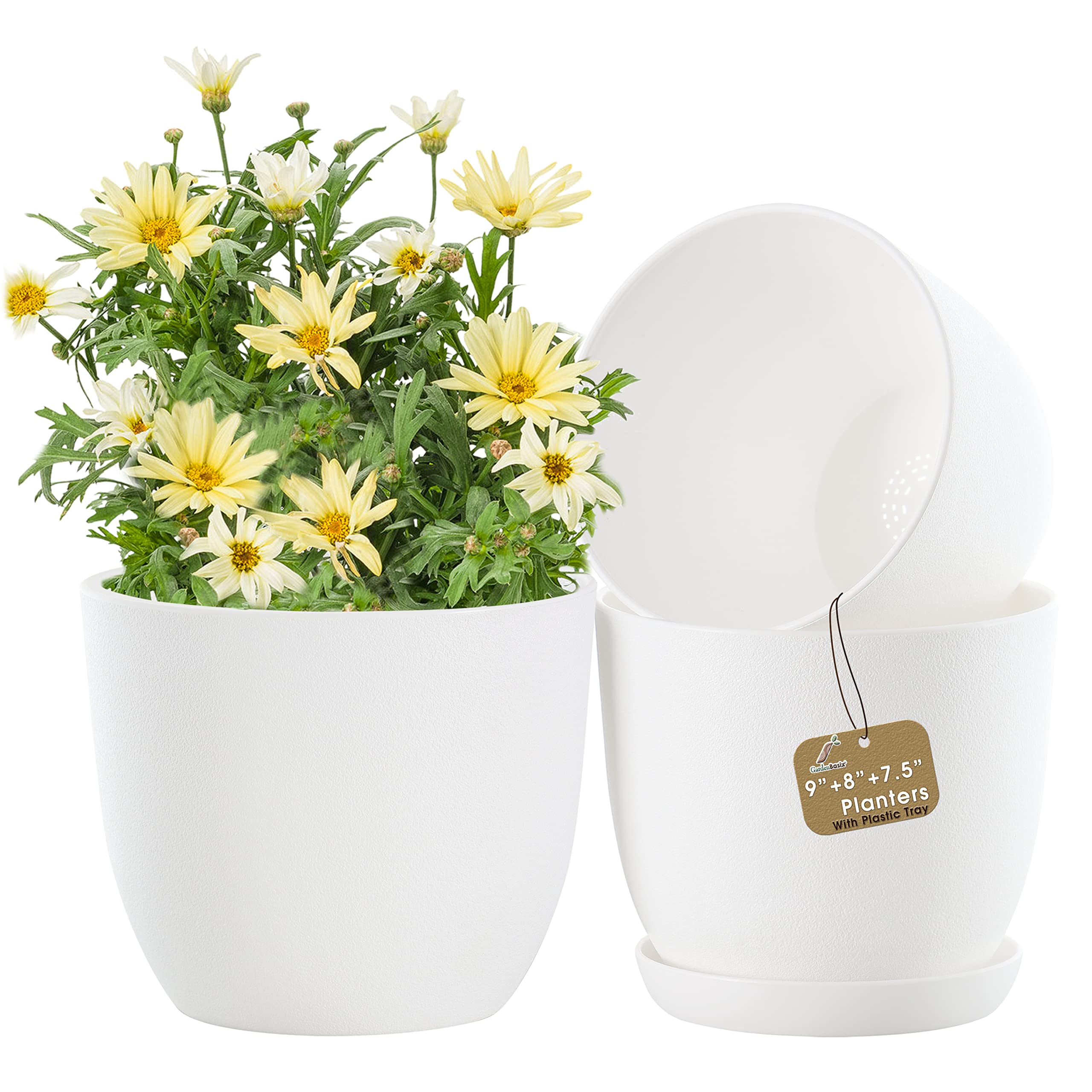 GardenBasix Planters Plant Pots with Tray 9'' 8'' 7.5'' Indoor Garden Outdoor Home Modern Decorative for All House Flowers Herbs (9'' + 8'' + 7.5'', White)
