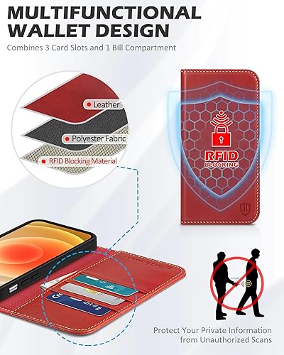 Miniatura 3 de SHIELDON Funda tipo cartera para iPhone 12 Pro de 6.1 pulgadas, piel auténtica para iPhone 12, función atril y bloqueo RFID, ranuras para tarjetas