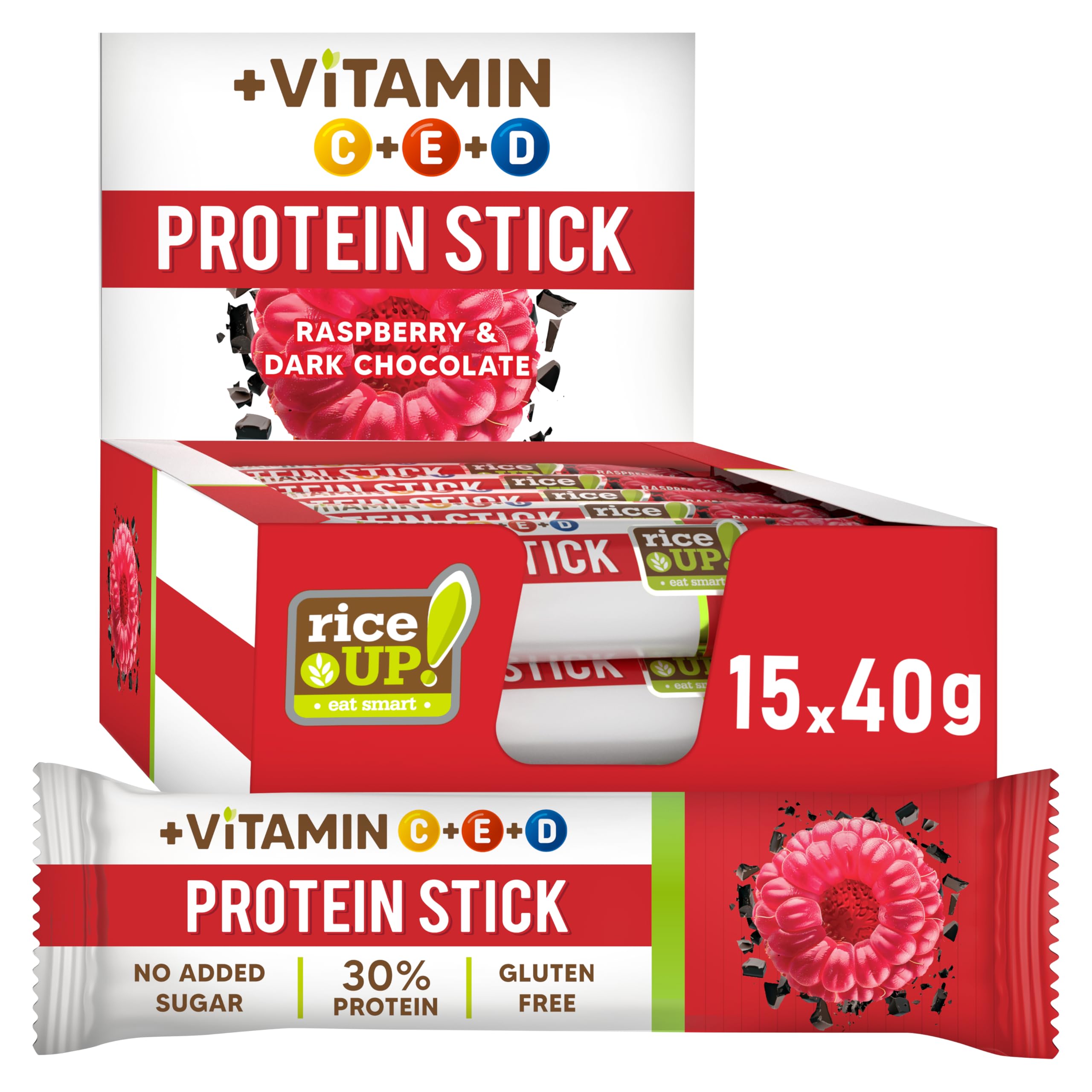 RiceUP! Barre Protéinée Framboise 30% – Barre Protéine Sans Sucre Ajouté, Sans Gluten & Sans Huile de Palme – Snack Protéiné Fitness & Nutrition Sportive – 15 x 40 g