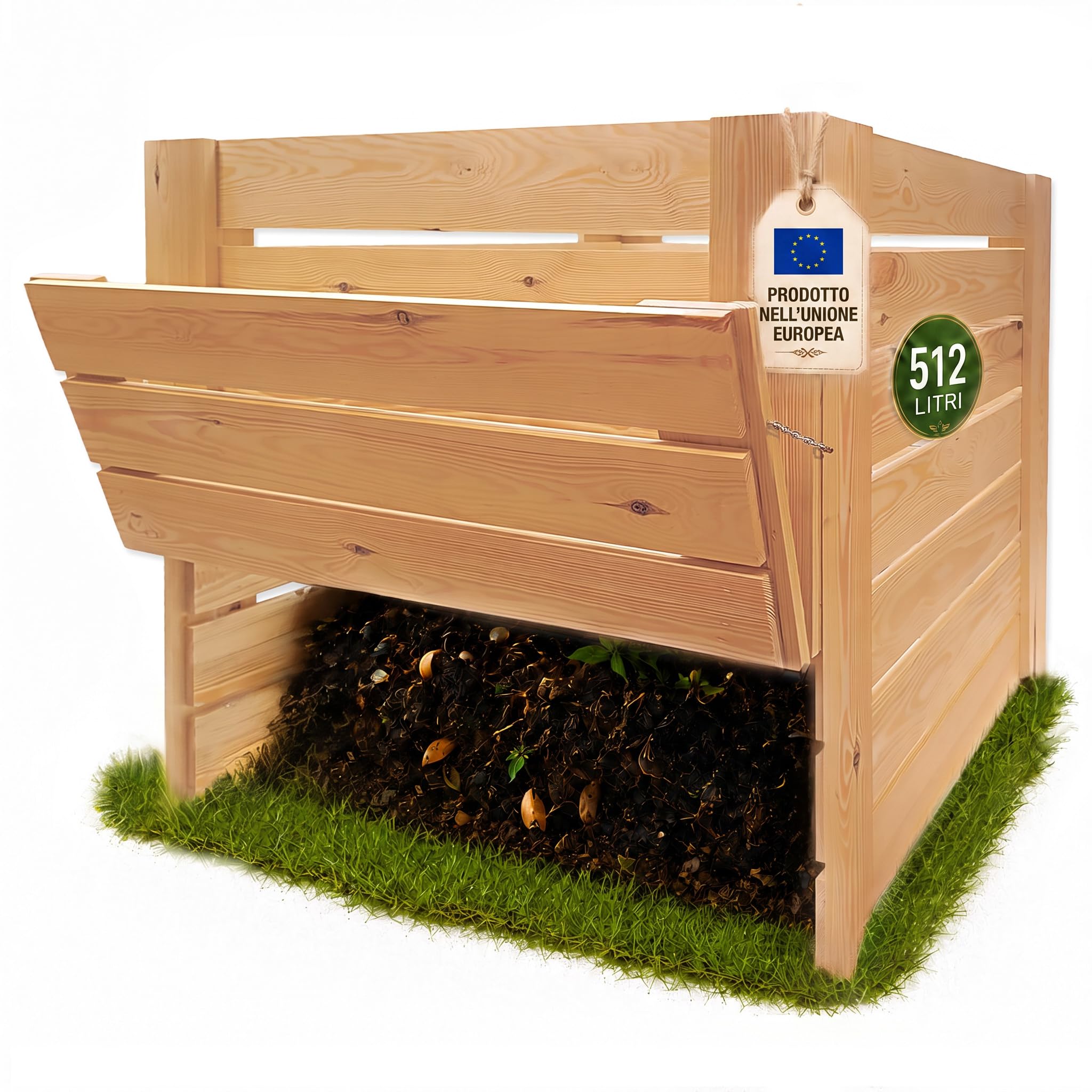 VELORA H&L Compostiera 512 L - Compostiera da Giardino in Legno Naturale con Sportello Inferiore, Compostiera per Scarti Vegetali e Organici