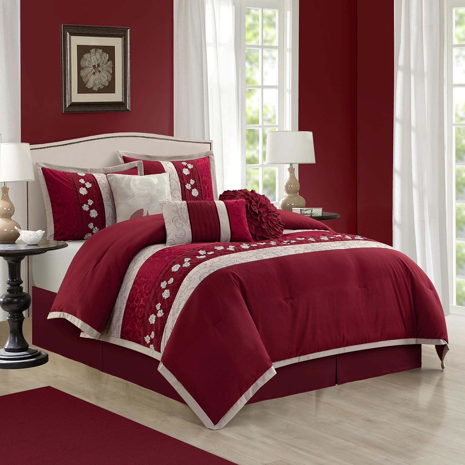 Grand Avenue Wine California King Comforter Set, Piecework with Flocking Embroidery Bedding, Floral 7 Pieces Comforters, Bedskirt, Pillows & Shams