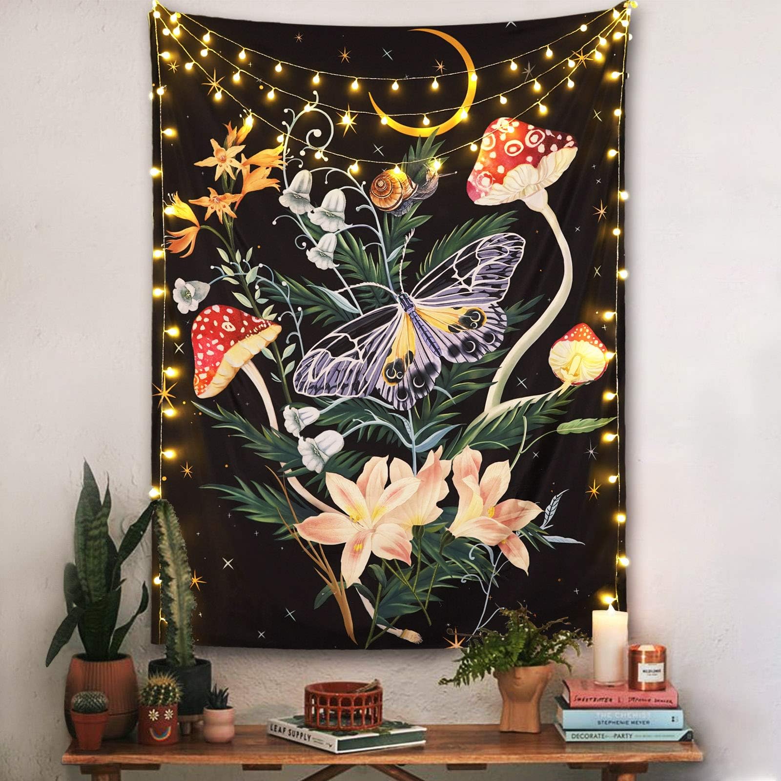 Fowocu Butterfly and Flower Vertical Tapestry Wall Hanging, Moon and Stars Floral Tapestries, Black Wildflower Aesthetic Tarot Wall Tapestry for Bedroom Dorm Living Room (Black, 44'' × 60'')