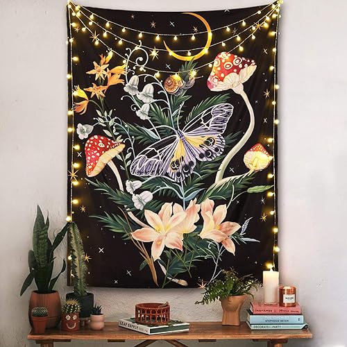 Fowocu Tapiz vertical de mariposa y flores, tapiz colgante para pared, floral de luna y estrellas, tapiz de pared de Tarot negro estético con flores disponible en Yaxa El Salvador