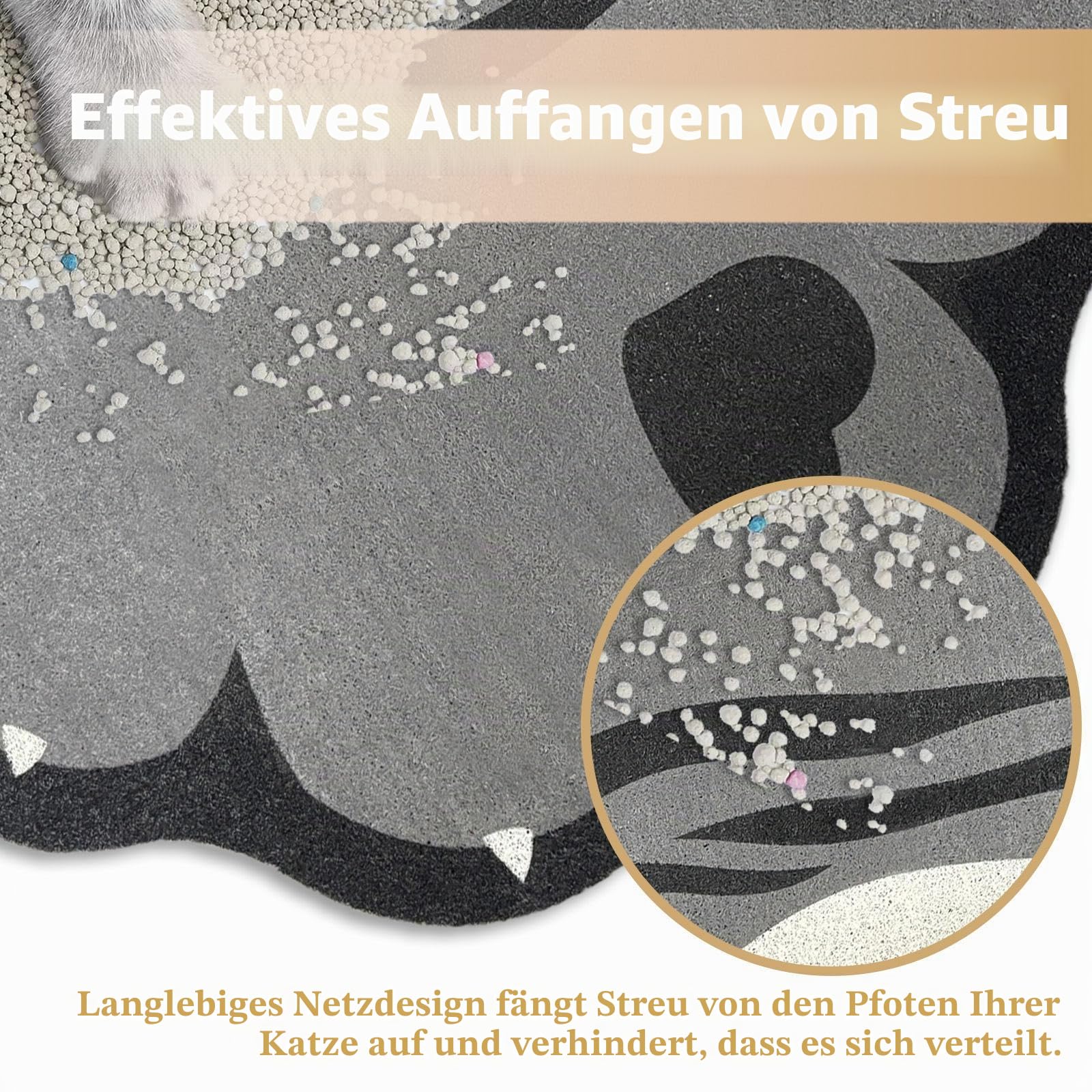 Katzenstreu Matte, 90 x 60 cm Katzenklo Matte Groß für Katzenklo, rutschfest und wasserdicht Katzentoilette Matte, leicht zu reinigen, niedliche weiche PVC Katzenklo Unterlage, Grau