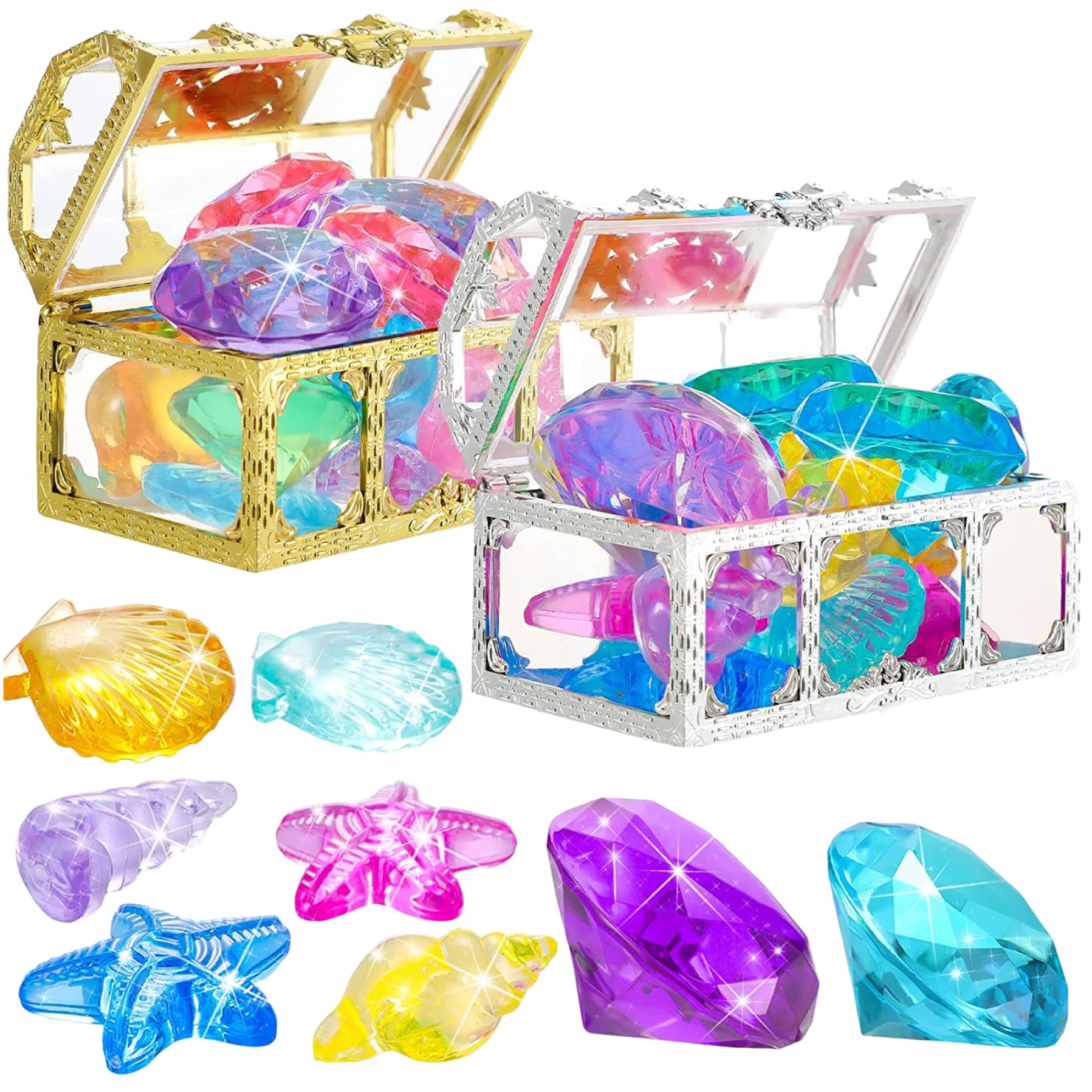 Buceo Gemstone Pool Toys Colorido Summer Swimming Gemstone Juguetes de Buceo con Cajas de Cofre del Tesoro Juego de Juguetes para la Piscina 26 Piezas, Anillos de Buceo Juguetes