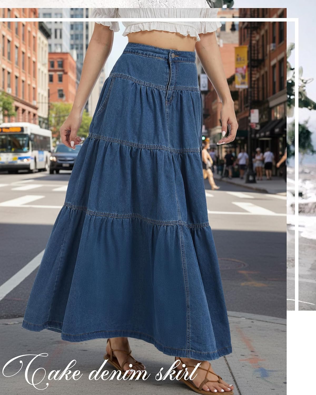 Women’s Long Jean Skirt High Waist Tiered Ruffle Denim Maxi Skirts Flowy Swing A-Line Denim Skirt with Pockets - Image 2