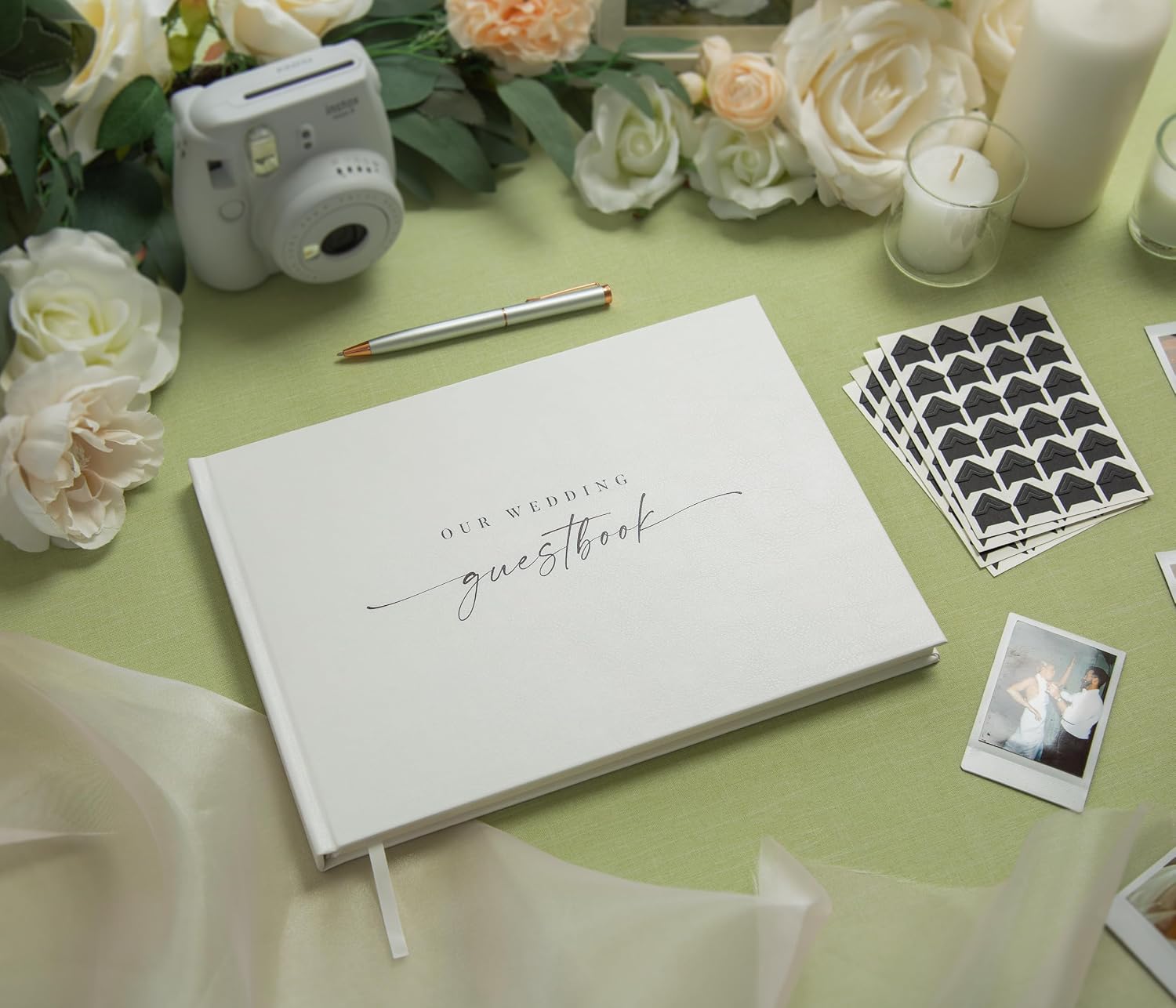 Wedding Photo Guest Book (Eggshell) - 11.5x8.5" White Reception Memory Book | Includes Black Photo Corner Stickers | 140 GSM Thick Paper | 120 Photo Slot & Lined Pages | Hardcover Photo Booth Album