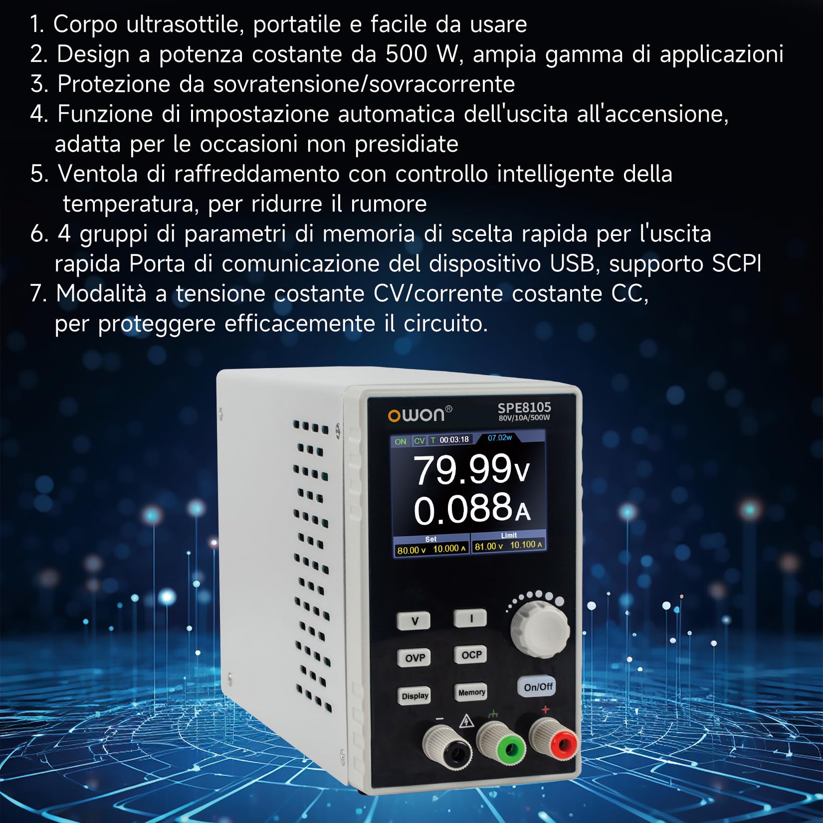 OWON Alimentatore da laboratorio (0-80 V, 0-10 A), alimentatore DC programmabile con potenza di uscita max. 500 W, display LCD da 2,8 pollici e pulsante di attivazione/disattivazione uscita SPE8105