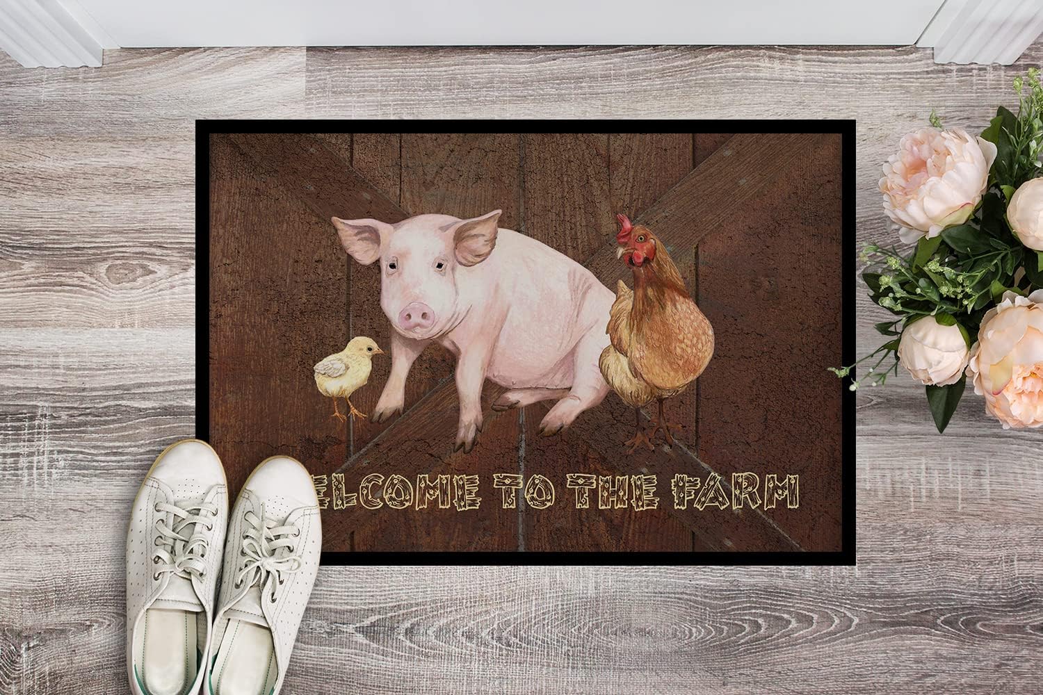 Caroline's Treasures SB3083JMAT Welcome to The Farm with The Pig and Chicken Doormat 24x36 Front Door Mat Indoor Outdoor Rugs for Entryway, Non Slip Washable Low Pile, 24H X 36W