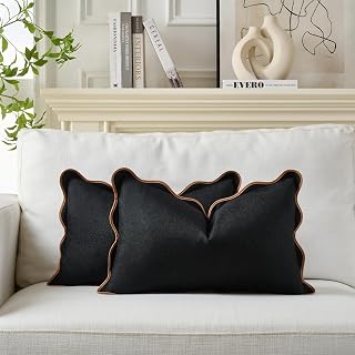 Scalloped Throw Pillow Covers Set of 2 for Living Room, Boho Sytle Decorative Home (Black & Khaki, 12x20 Inch)