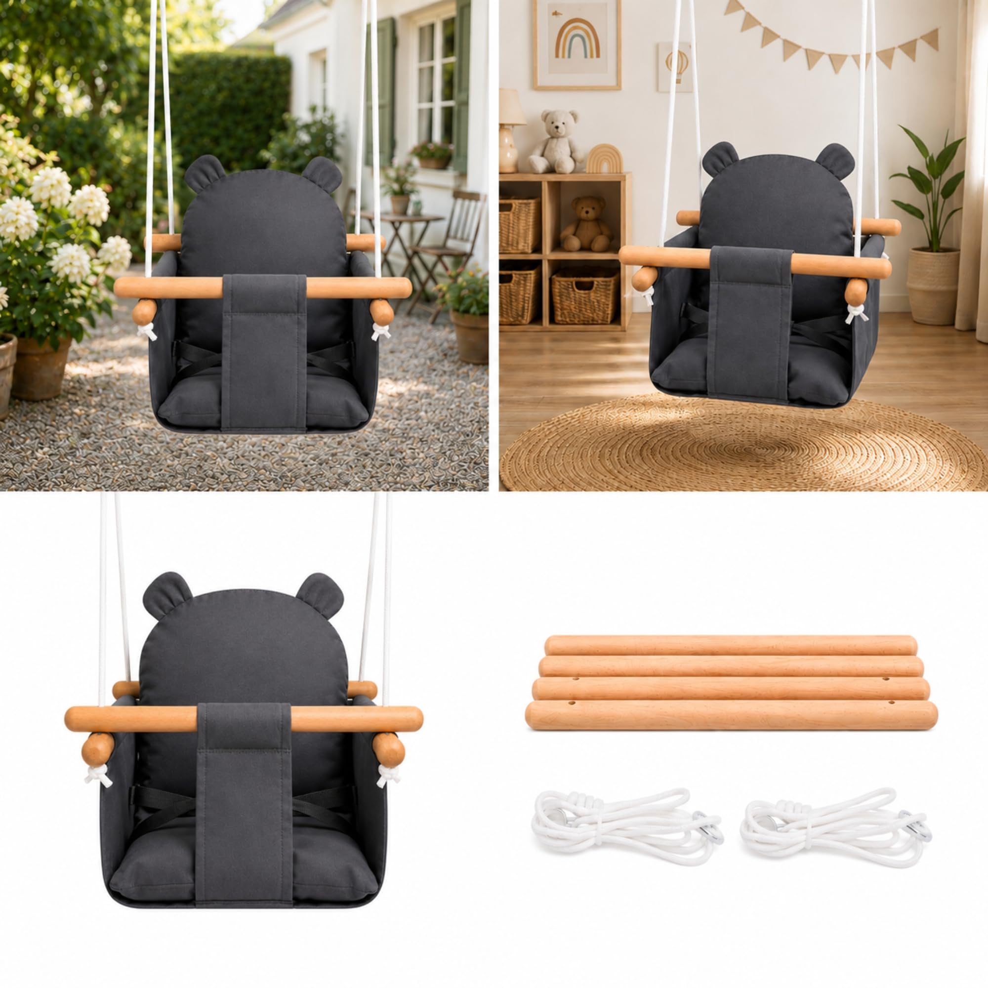 Columpio para bebés y niños pequeños, 100% algodón y madera de haya, con cinturón de seguridad, altura regulable, hasta 30 kg, diseño de oso, color gris